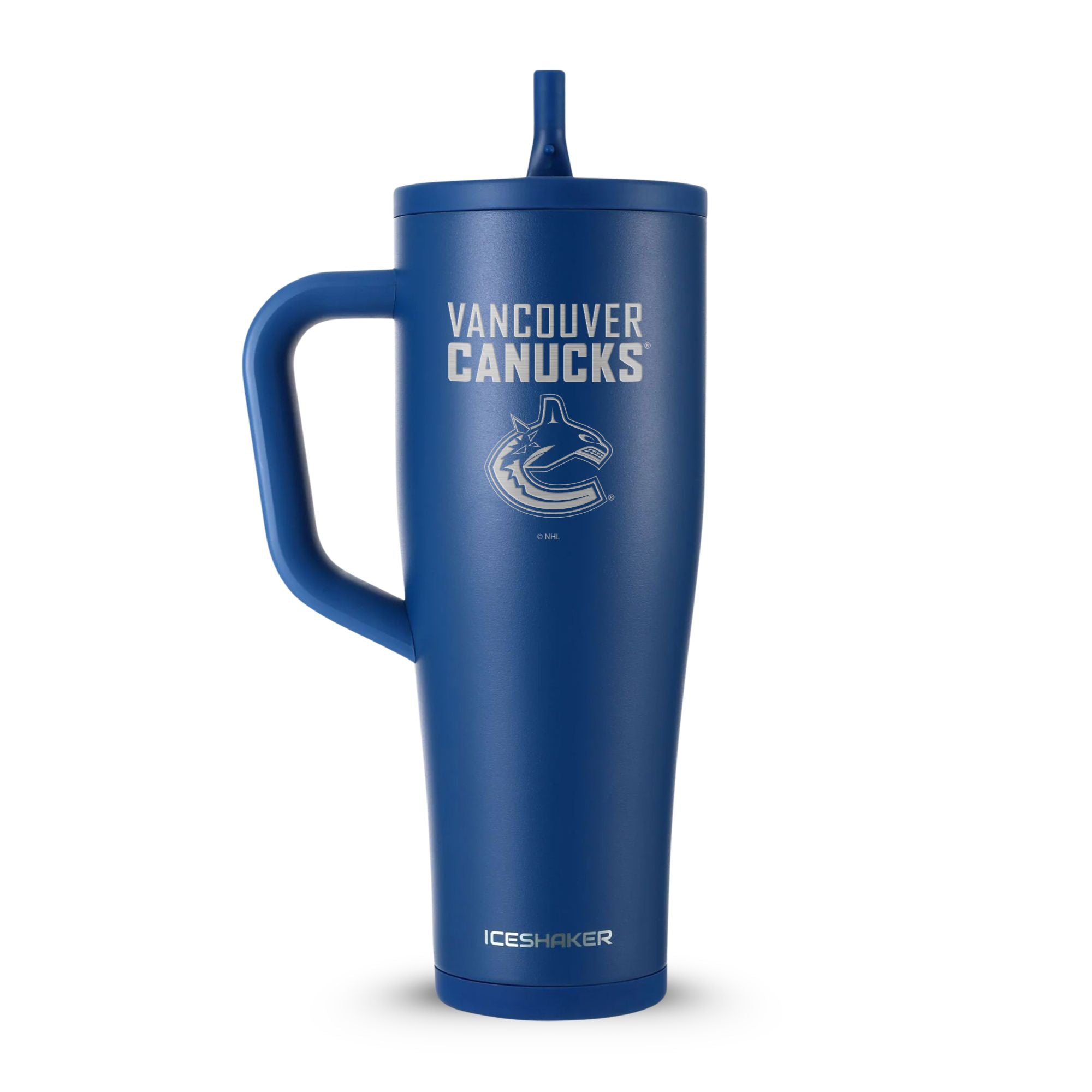 Navy 40oz Legend Series Shaker Tumbler with the Vancouver Canucks logo engraved on the front of it.
