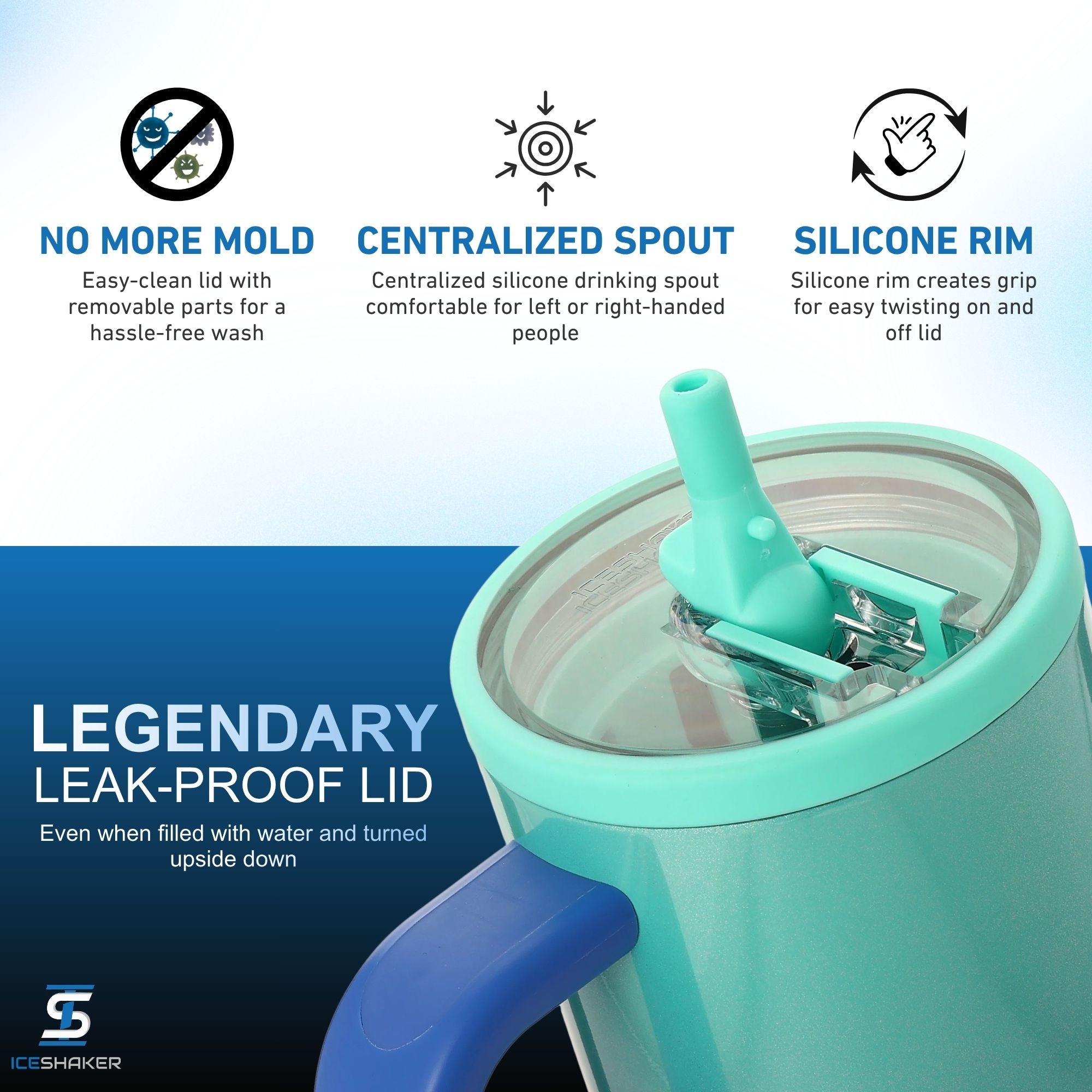 Ice Shaker's 40oz Ocean Breeze Legend Series Shaker Tumbler with a mint green lid and blue handle, featuring a glossy mint green and blue ombre body. The image includes marketing text and icons highlighting the legendary leak-proof lid, mold-free design, the silicone rim, and a centralized silicone drinking spout.