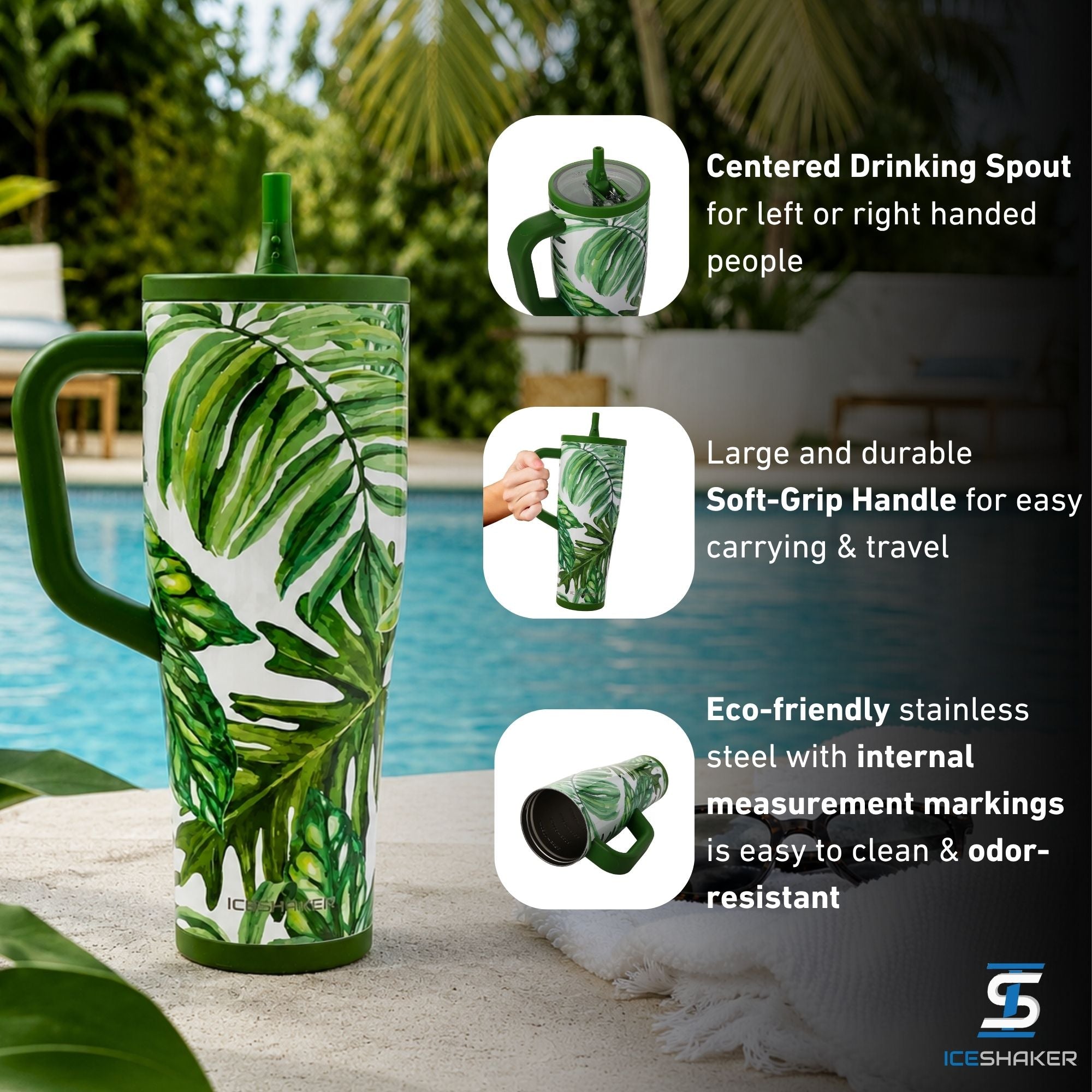 Ice Shaker's 40oz Palm Tree Legend Series Shaker Tumbler, shown beside a swimming pool with informational callouts on the right including: Centered Drinking Spout for left or right handed people, a large and durable soft-grip handle for easy carrying and travel, and made from eco-friendly stainless-steel with internal measurement lines