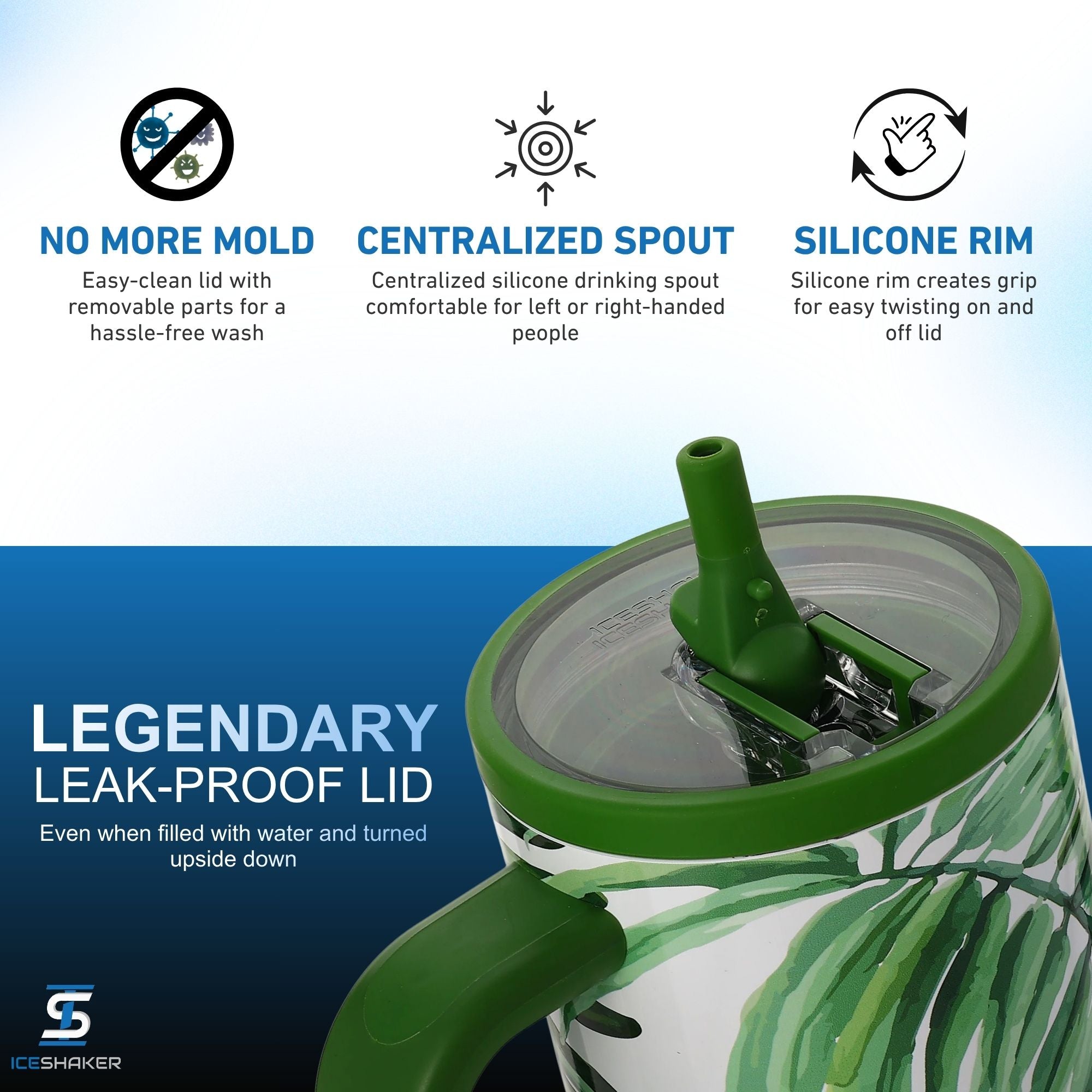 Ice Shaker's 40oz Palm Trees Legend Series Shaker Tumbler with a dark green lid and green handle, featuring a glossy white body with palm tree leaves overlaying on the white. The image includes marketing text and icons highlighting the legendary leak-proof lid, mold-free design, the silicone rim, and a centralized silicone drinking spout.