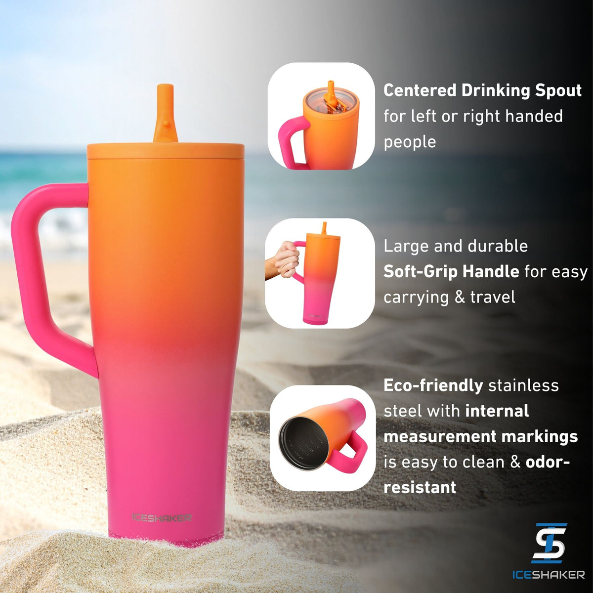 Sunkissed 40oz Legend Series Shaker Tumbler with a pink and orange gradient design, featuring a pink handle, shown on a sandy beach with three product feature callouts including: a centered silicone drinking spout for left or right handed people, a large and durable soft-grip handle, and made from eco-friendly stainless-steel that's easy to clean and odor resistant.