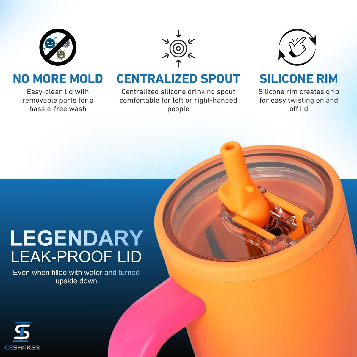 A close-up view of the Sunkissed 40oz Legend Series Shaker Tumbler's Legendary leak-proof lid with a bright pink handle and an orange silicone drinking-spout, shown on a blue-to-white gradient background with feature callouts: 'NO MORE MOLD,' 'CENTRALIZED SILICONE DRINKING SPOUT,' and 'SILICONE RIM.'.