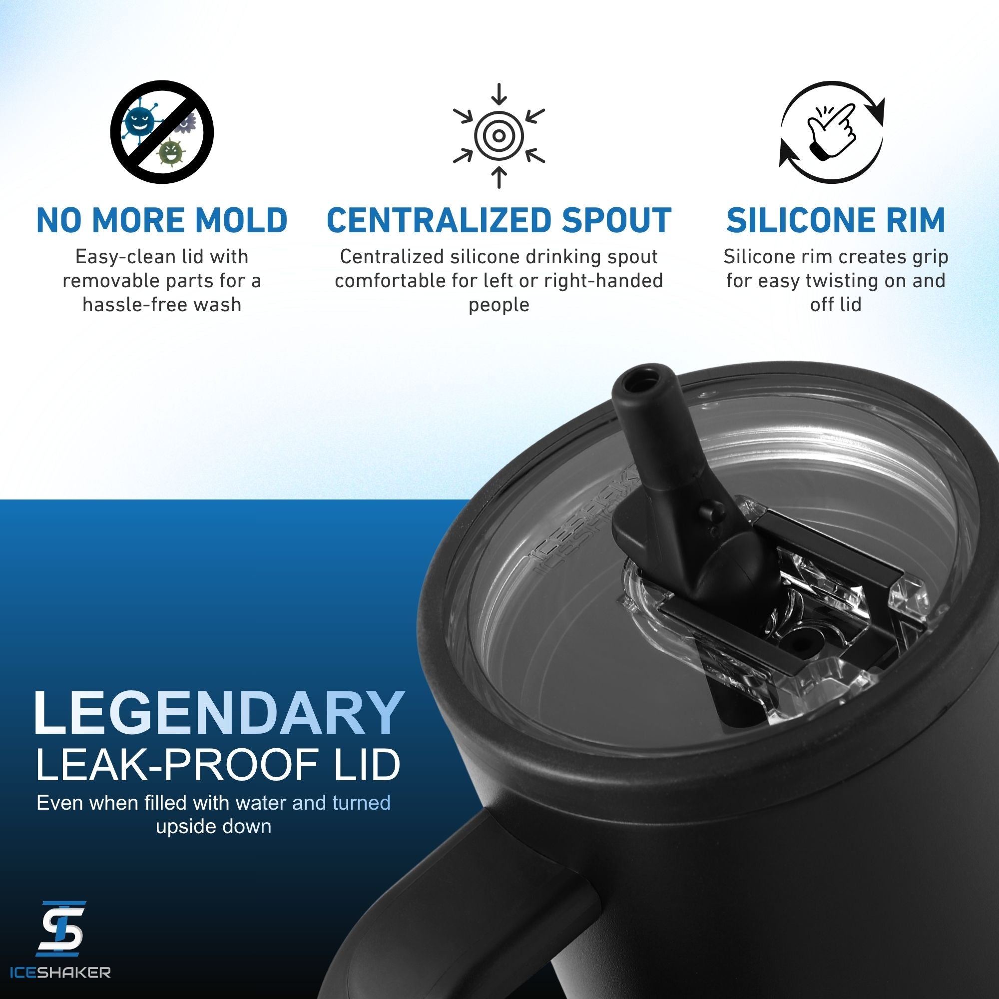 A close-up image of the Black Legend Series Tumbler Legendary leak-proof Lid. Lid features include a silicone rim, centralized spout, and easy-to-clean design.