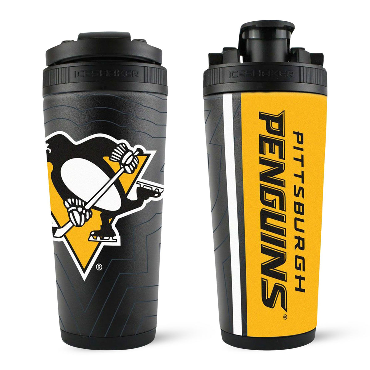 Front and back view of the Pittsburgh Penguins 4D Ice Shaker. The wrap features the Pittsburgh Penguins logo on the back of it and "Pittsburgh Penguins" spelt out on the front.