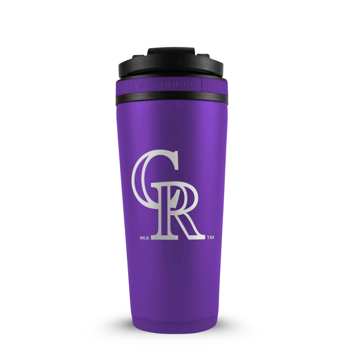 Purple 26oz Ice Shaker with the Colorado Rockies logo engraved on the back of it.
