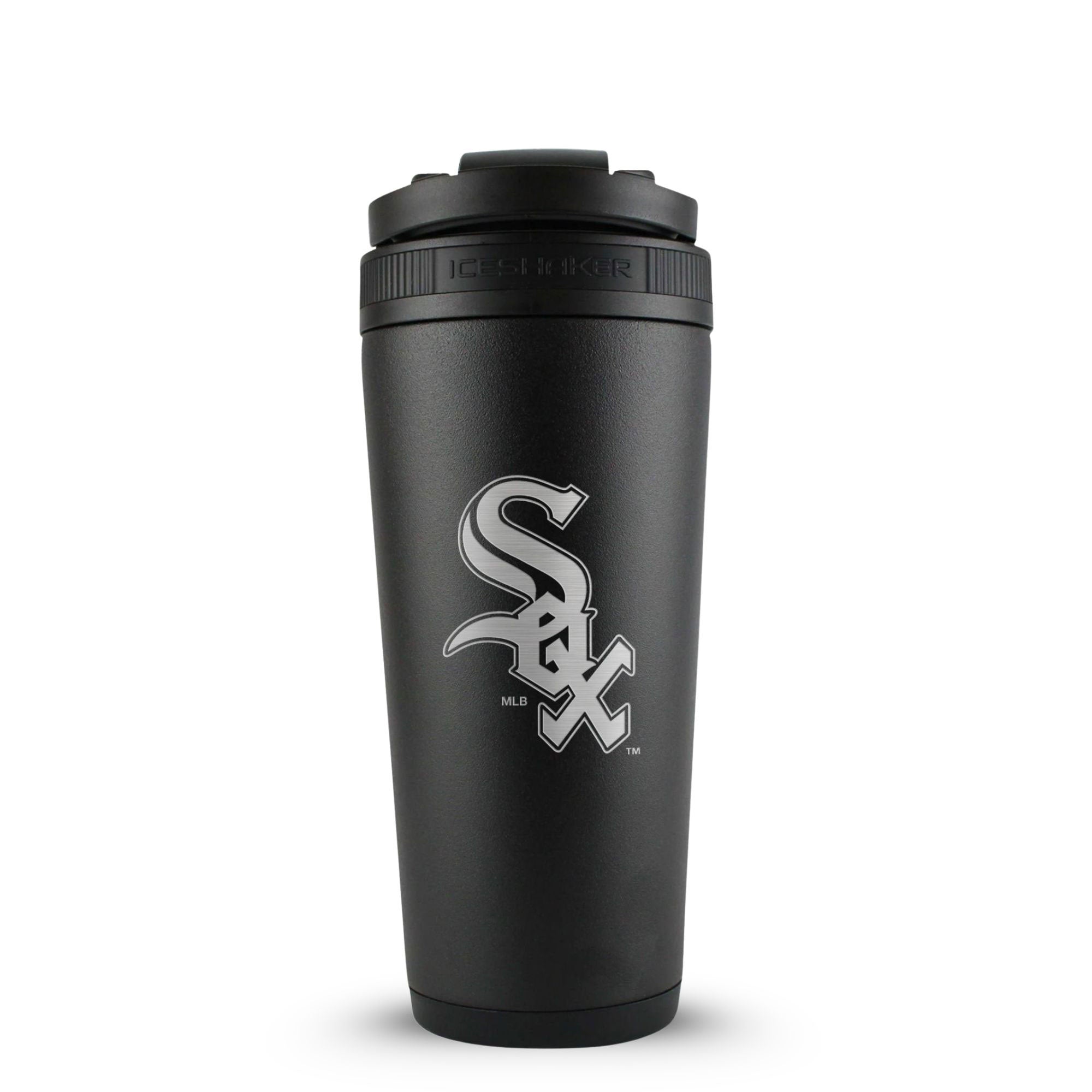 Black 26oz Ice Shaker with the Chicago White Sox logo engraved on the back of it.