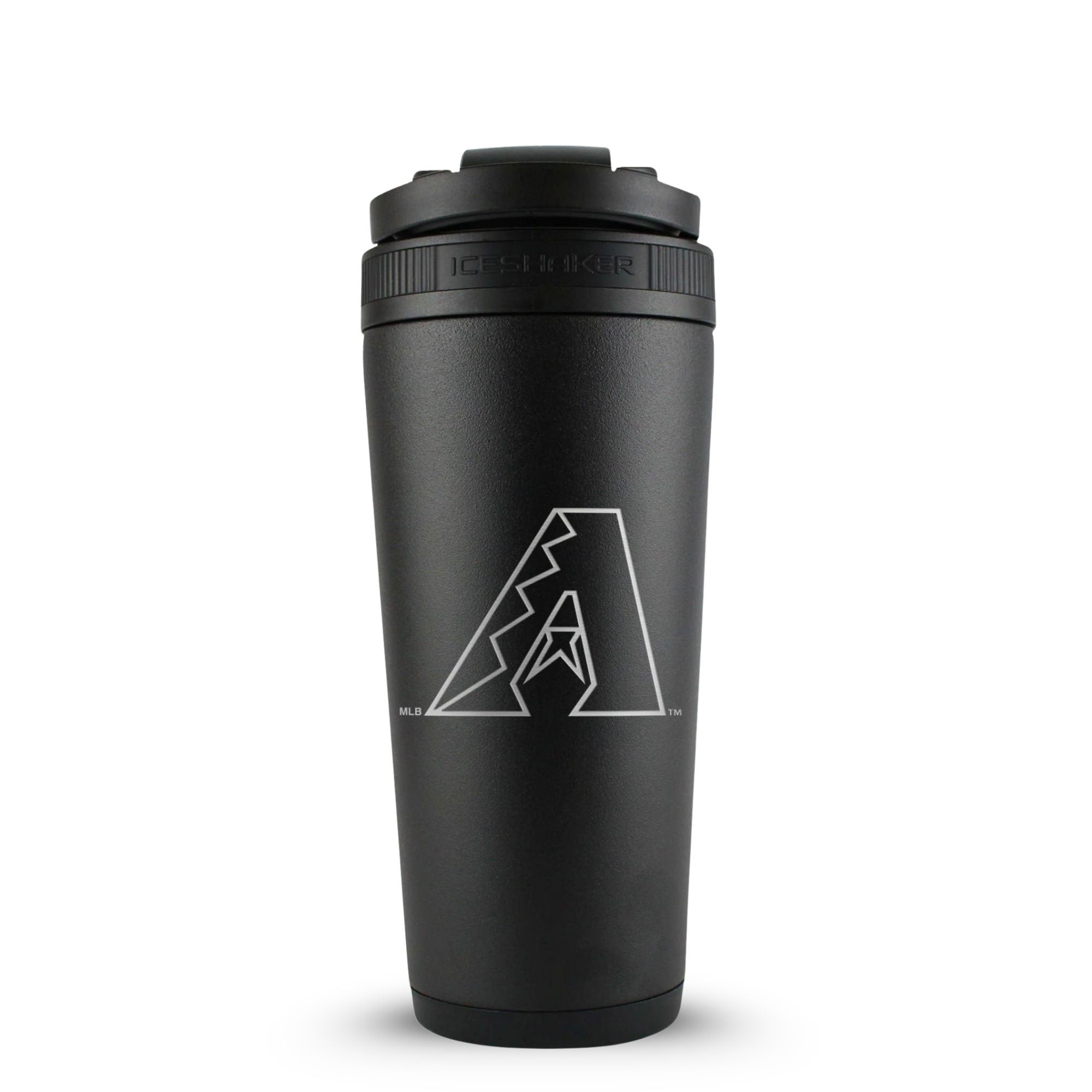 Black 26oz Ice Shaker with the Official MLB Arizona Diamondbacks logo engraved on the back of the bottle