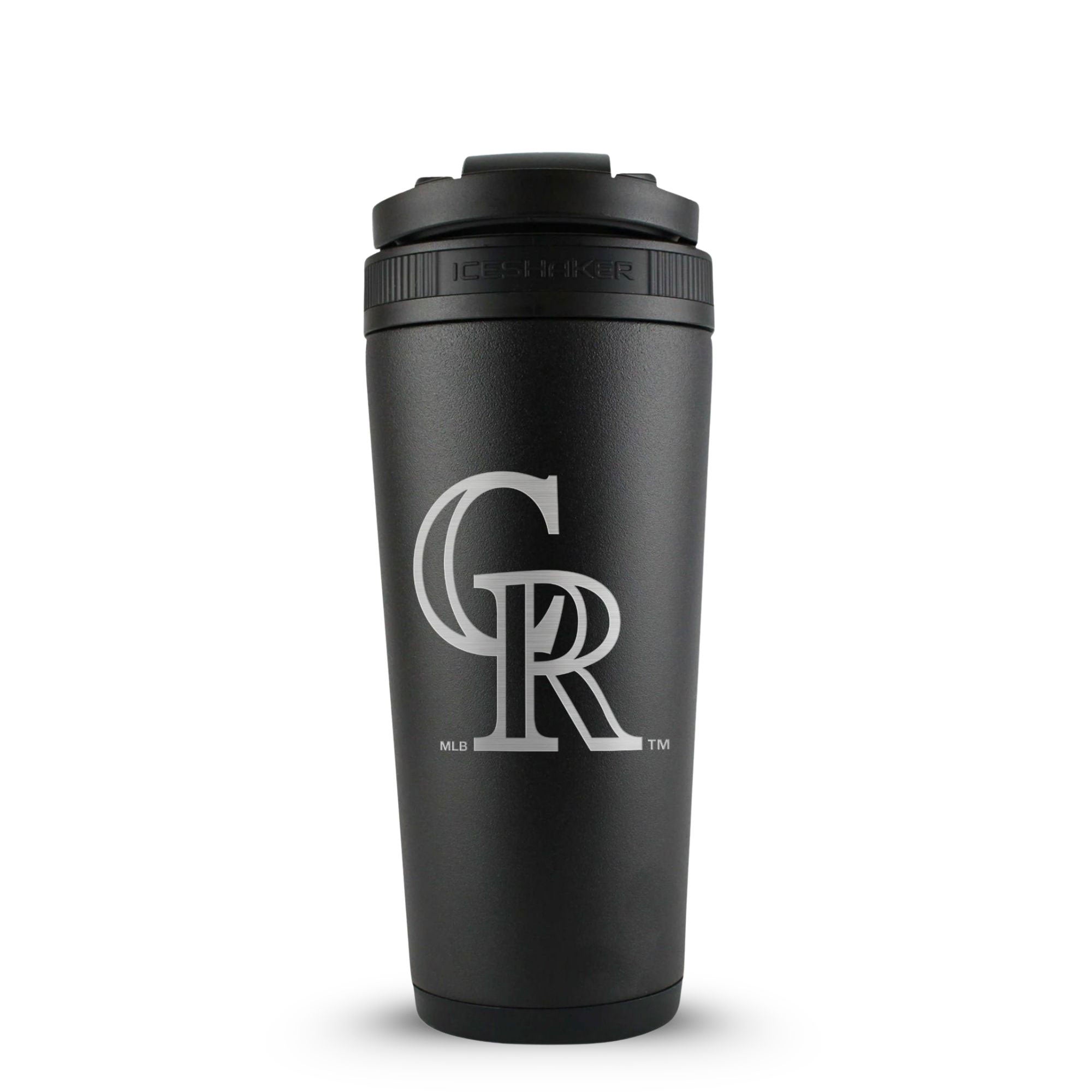 Black 26oz Ice Shaker with the Colorado Rockies logo engraved on the back of it.