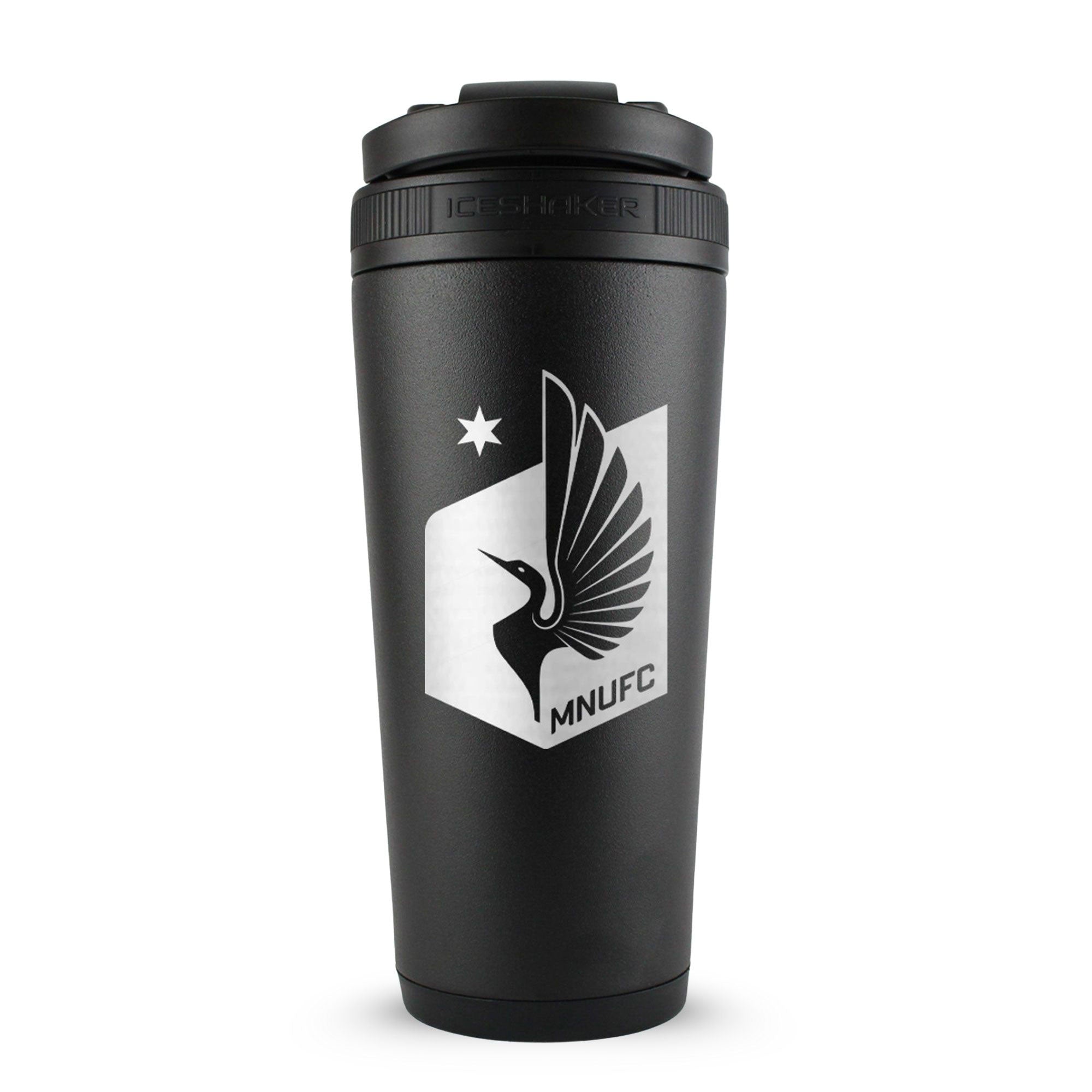 Black 26oz Ice shaker with the Minnesota United FC Logo engraved on the back of it.