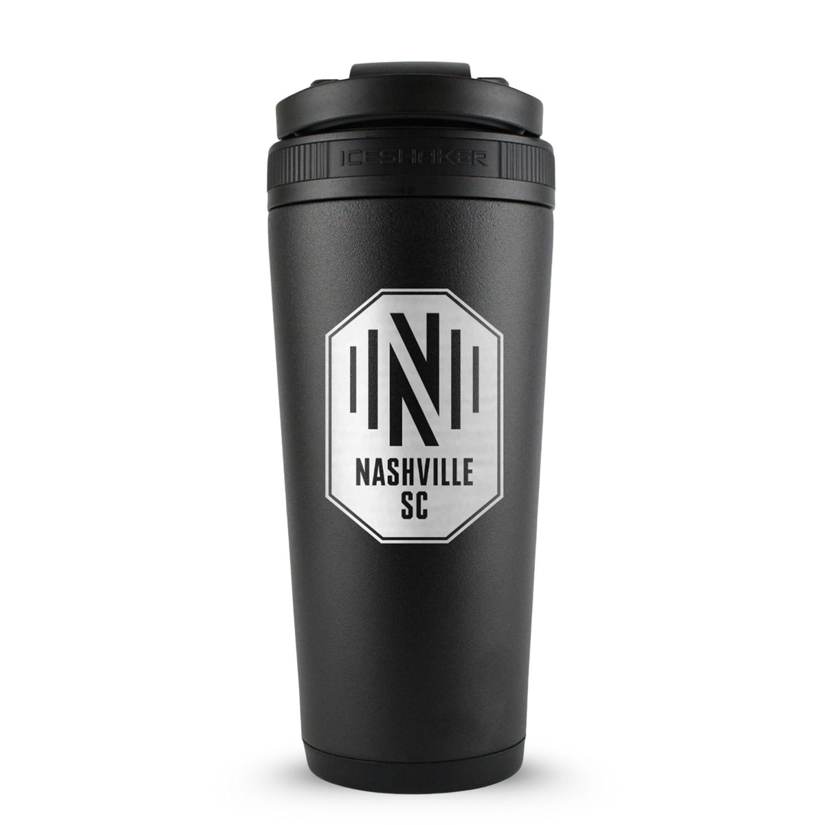 Black 26oz Ice Shaker with the Nashville SC logo engraved on the back of it.