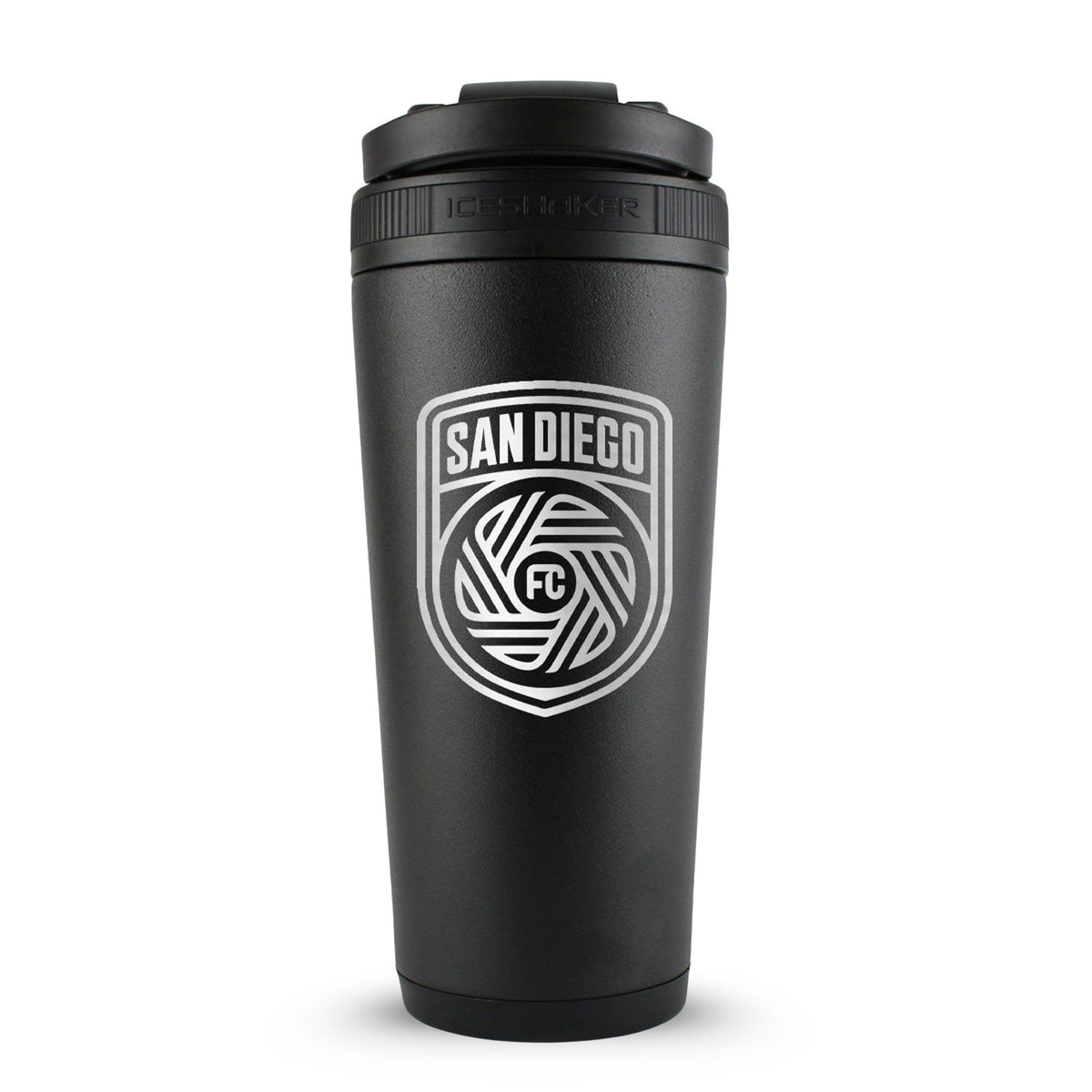 Black 26oz Ice Shaker with the San Diego FC logo engraved on the back of it.