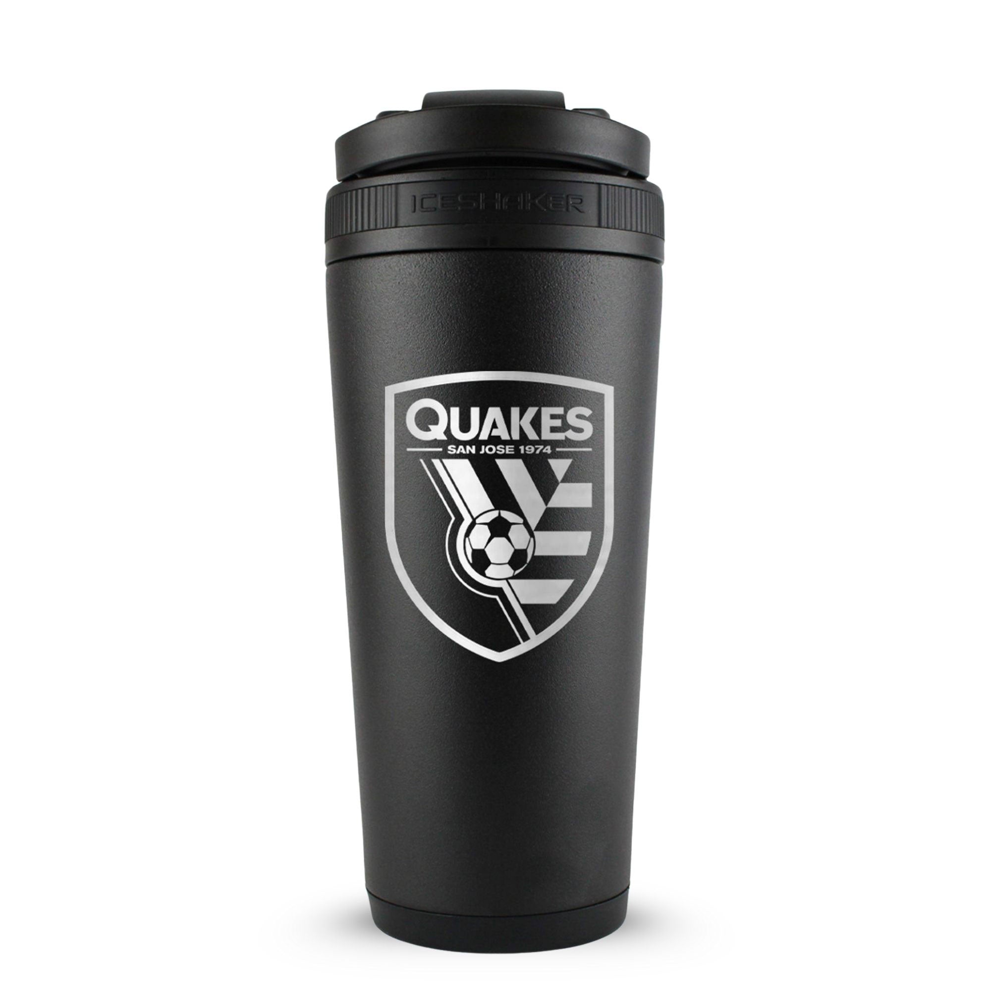Black 26oz Ice Shaker with the San Jose Quakes logo engraved on the back of it.