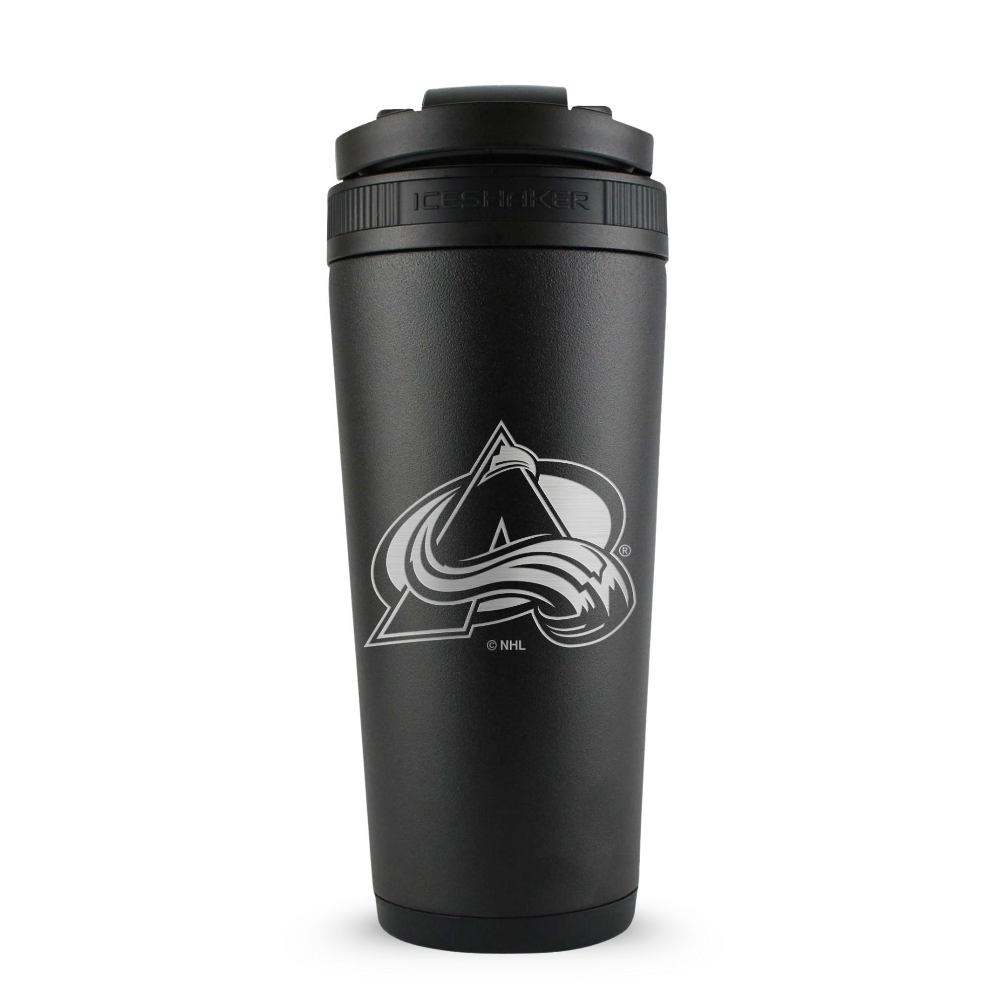 Black 26oz Ice Shaker with the Colorado Avalanche logo engraved on the back of it.