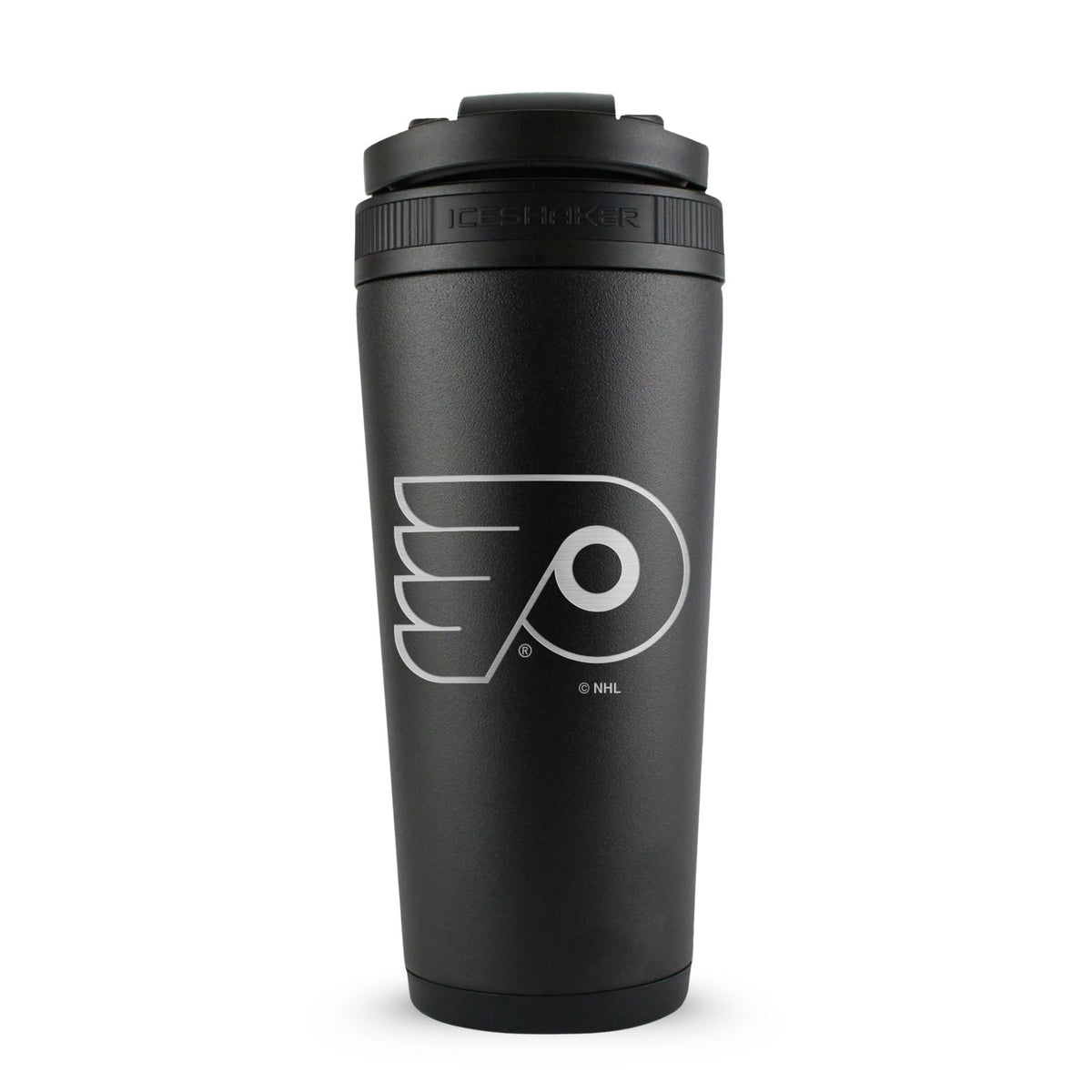 Black 26oz Ice Shaker with the Philadelphia Flyers logo engraved on the back of it