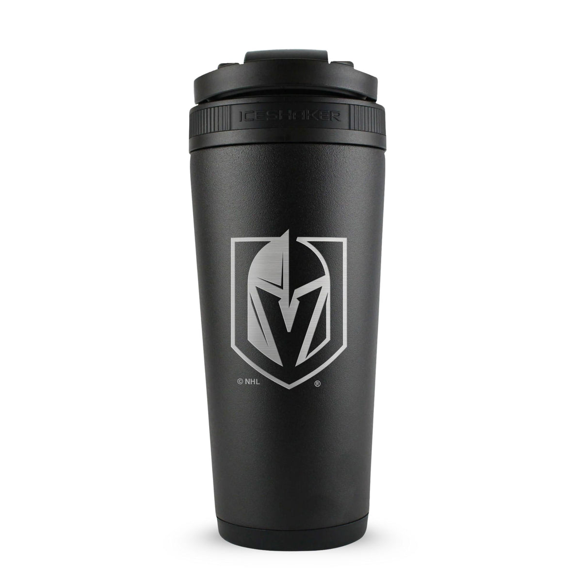 Black 26oz Ice Shaker with the Vegas Golden Knights logo engraved on the back of it.