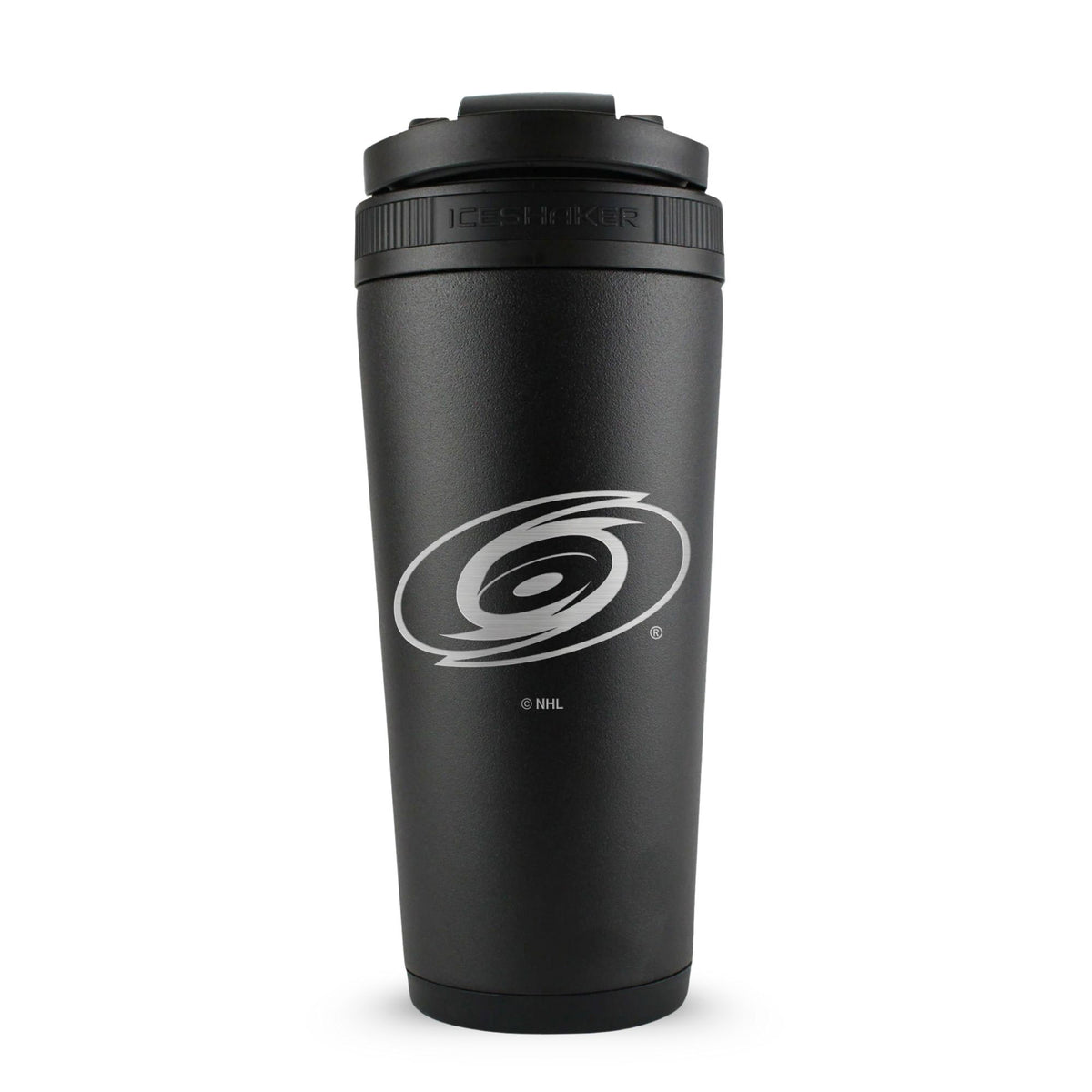 Black 26oz Ice Shaker with the Carolina Hurricanes logo engraved on the back of it.