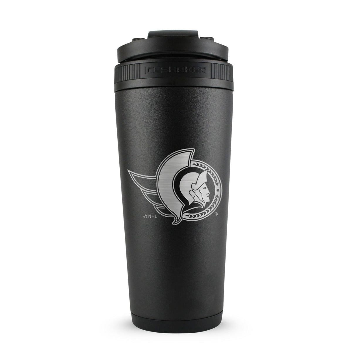 Black 26oz Ice Shaker with the Ottawa Senators logo engraved on the back of it.