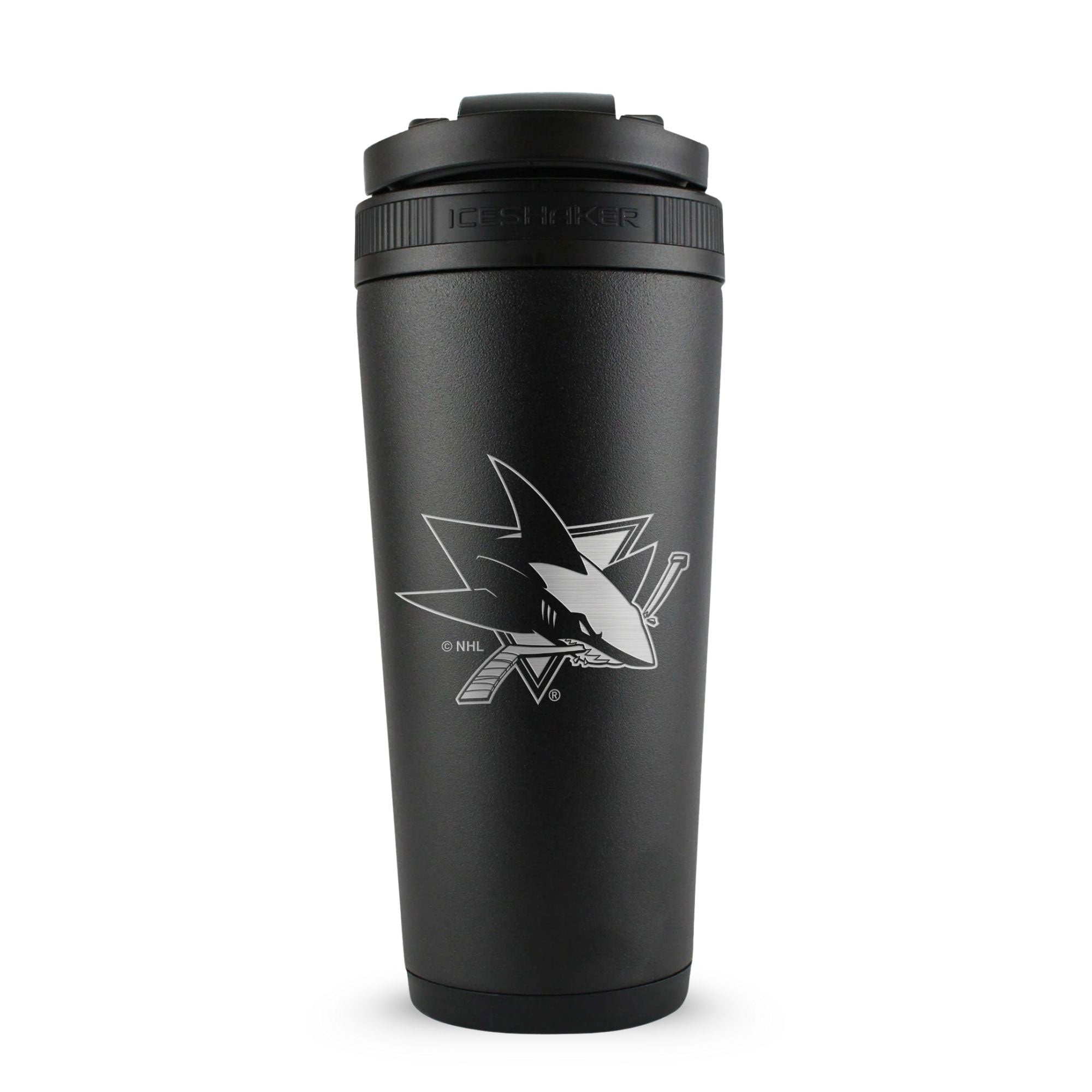 Black 26oz Ice Shaker with the San Jose Sharks logo engraved on the back of it.