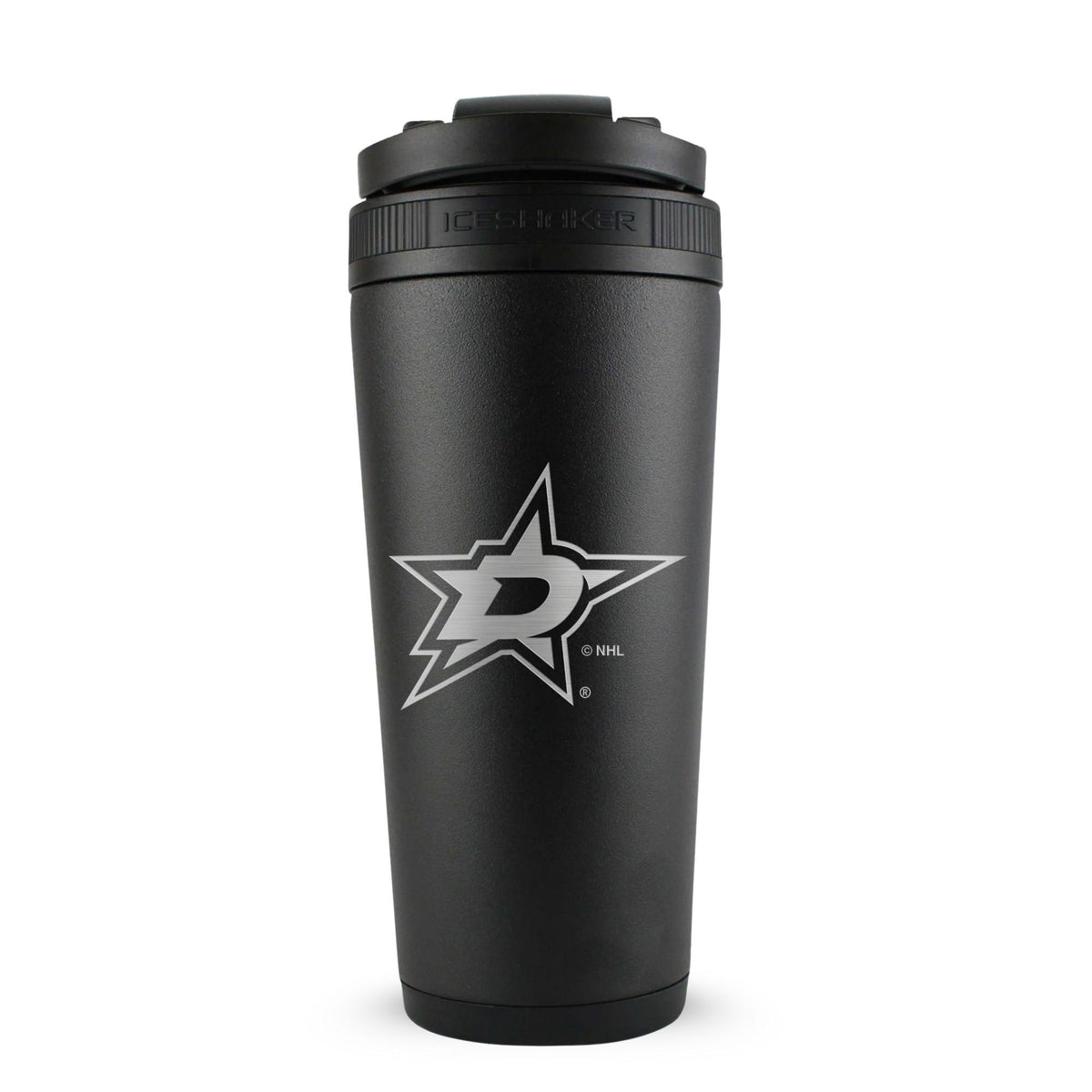Black 26oz Ice Shaker with the Dallas Stares logo engraved on the back of it.