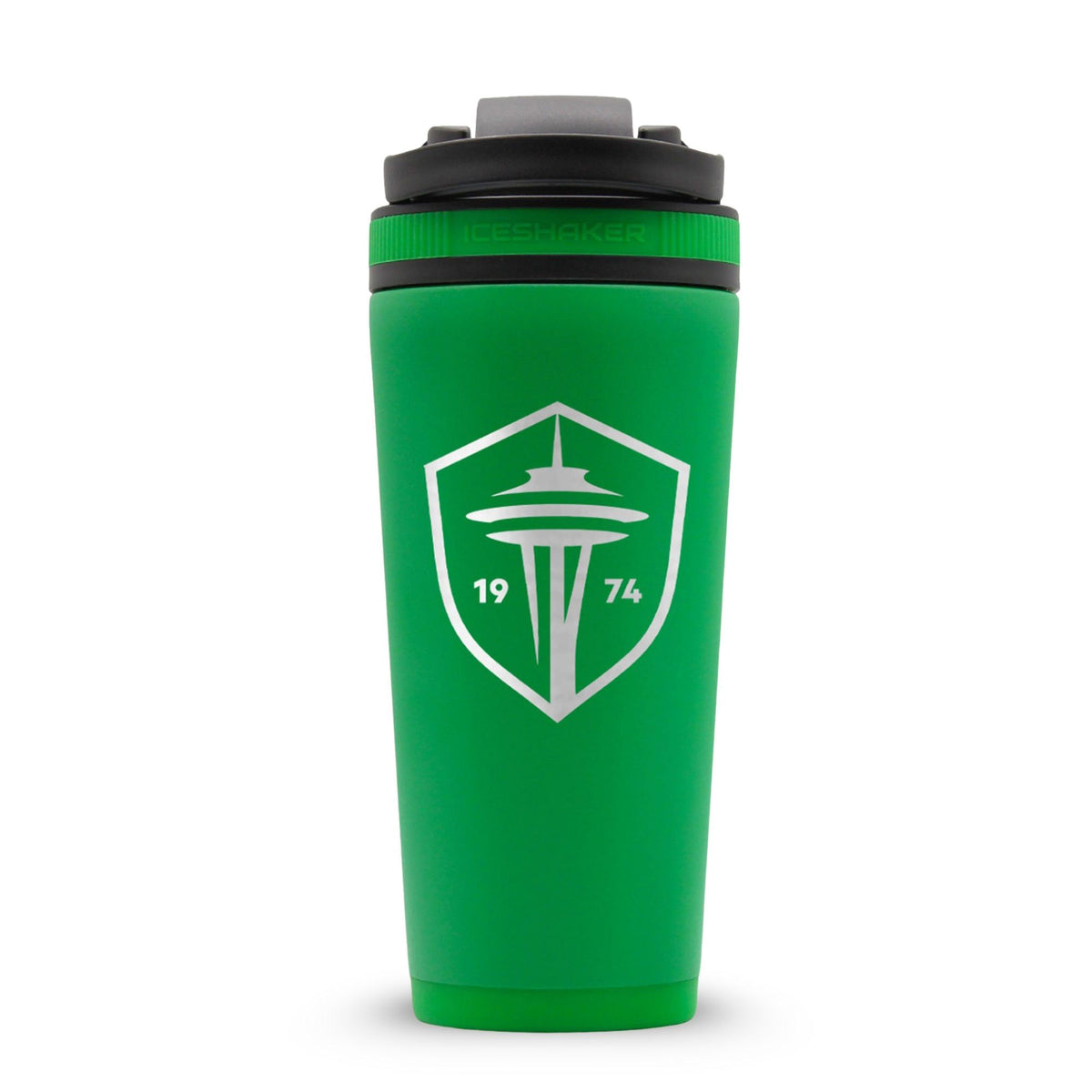 Dragon Green 26oz Ice Shaker with the Seattle Sounders logo engraved on the back of it.