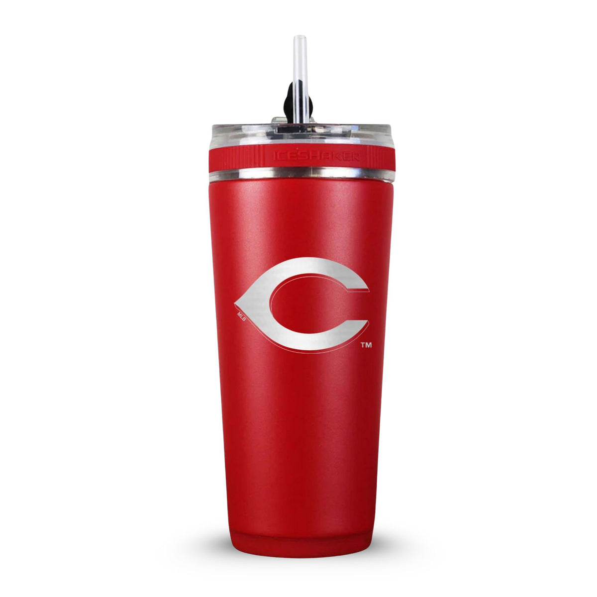 Red 26oz Flex Bottle with straw with the Cincinnati Reds logo engraved on the back of it.