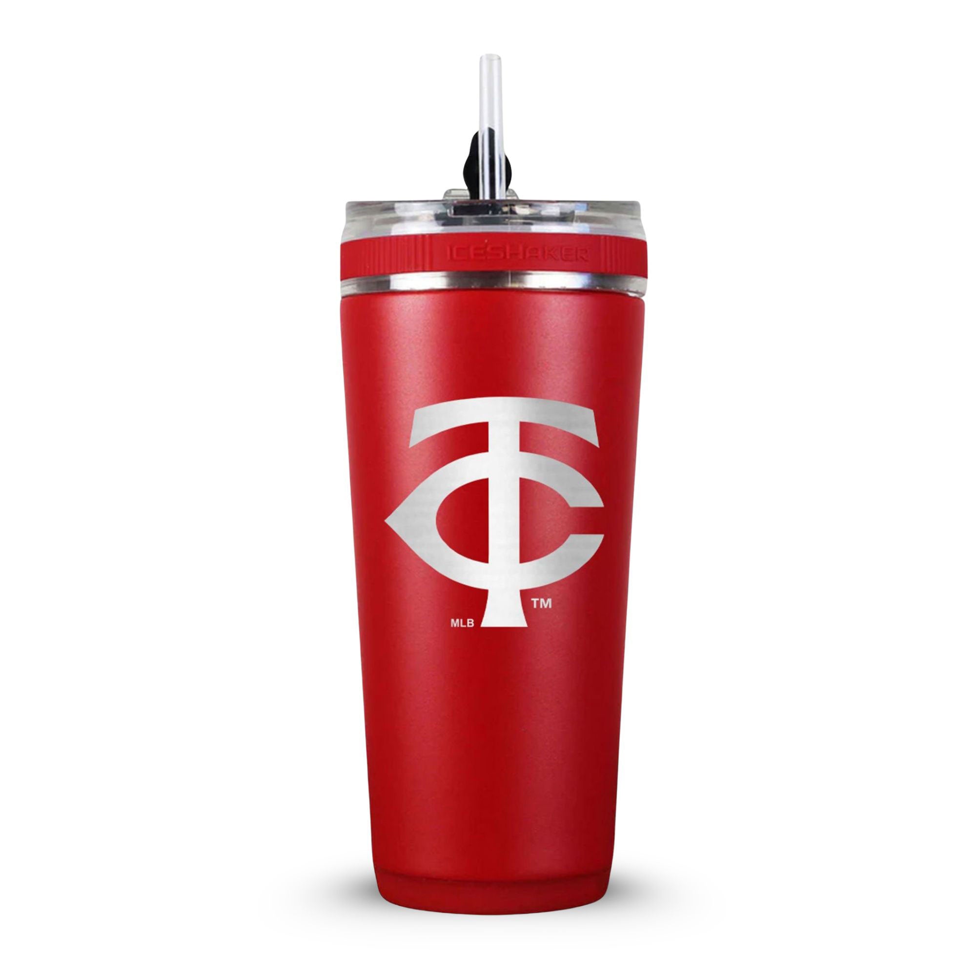 Red 26oz Flex Bottle with Straw with the Minnesota Twins logo engraved on the back of it.