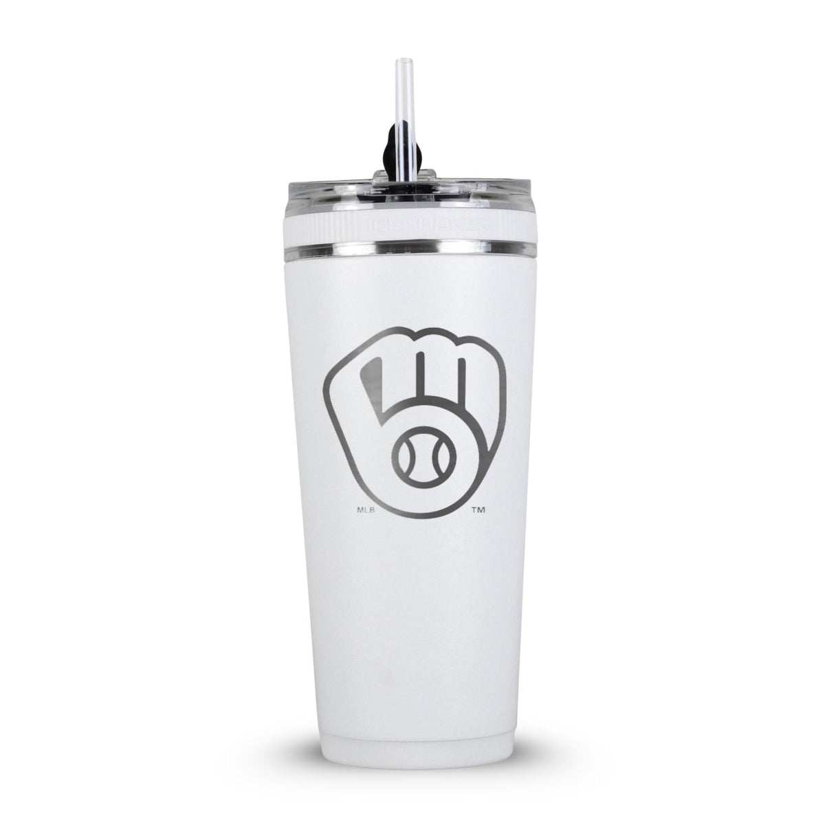 White 26oz Flex Bottle with Straw with the Milwaukee Brewers logo engraved on the back of it.