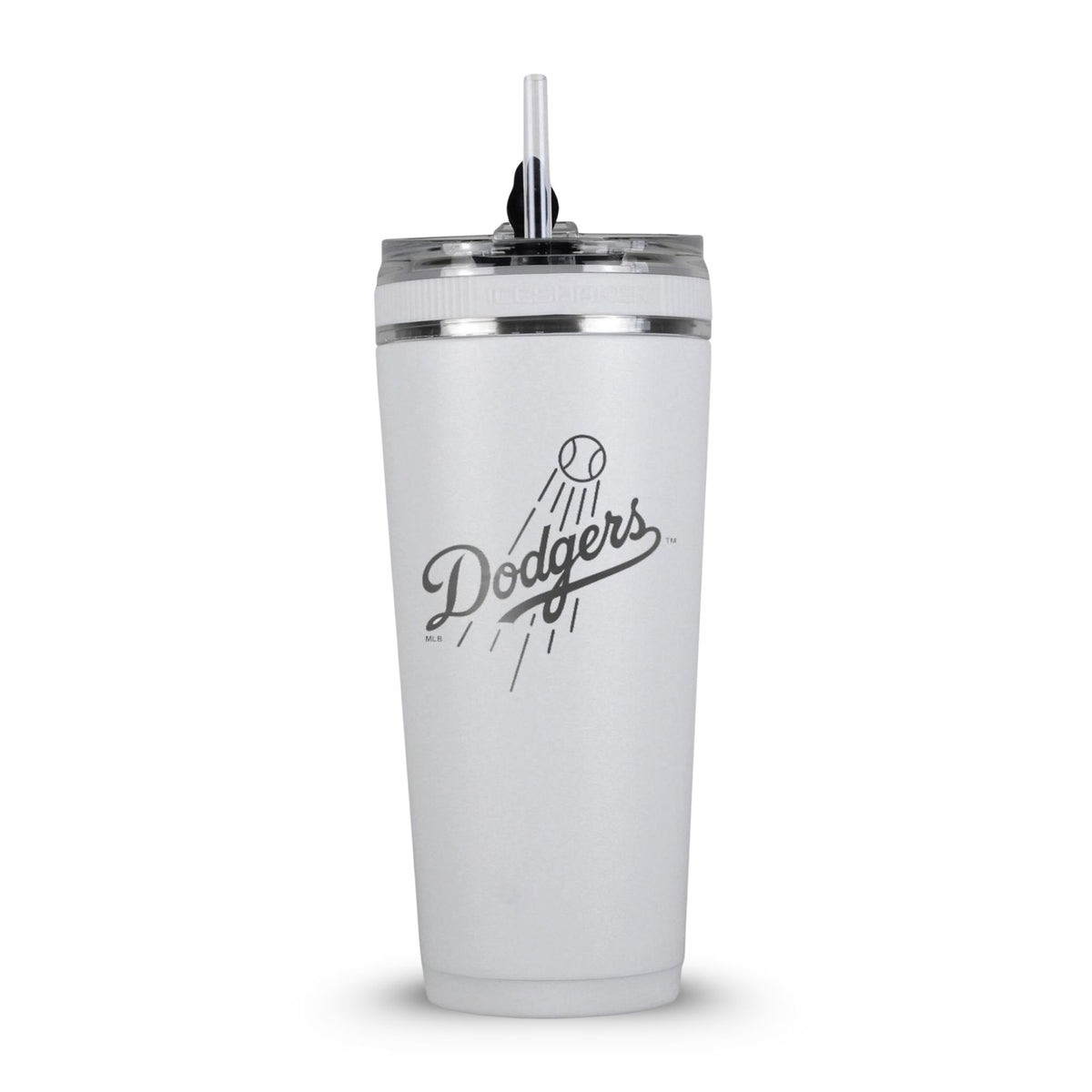White 26oz Flex Bottle with the Dodgers logo engraved on the back of it.