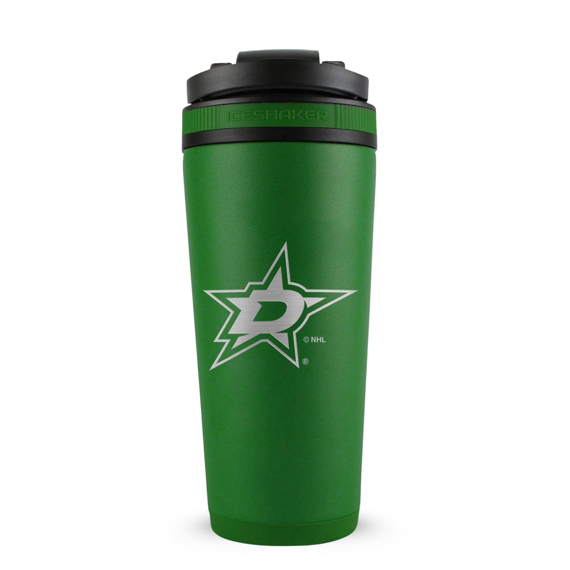 Green 26oz Ice Shaker with the Dallas Stares logo engraved on the back of it.