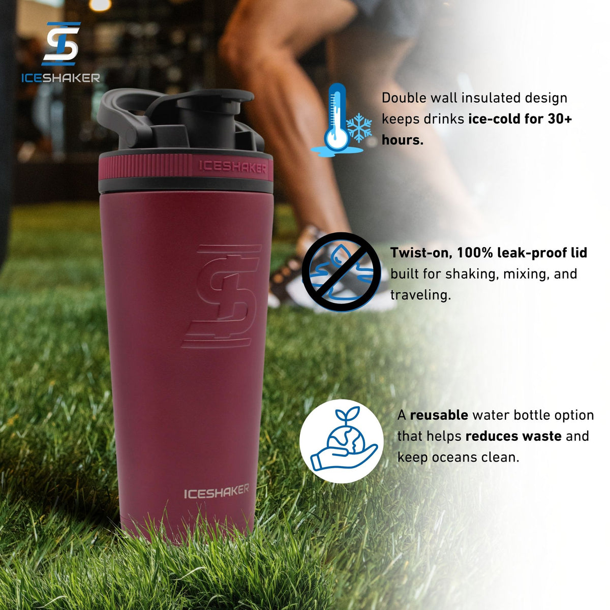 Maroon 26oz Ice Shaker in a gym setting with features listed out next to it. The features include the double-wall insulated design that keeps drinks ice-cold for 30+ hours, the twist-on leak-proof lid built for shaking, mixing, and traveling, and it being a eco-friendly, reusable water bottle option that helps reduce plastic pollution.