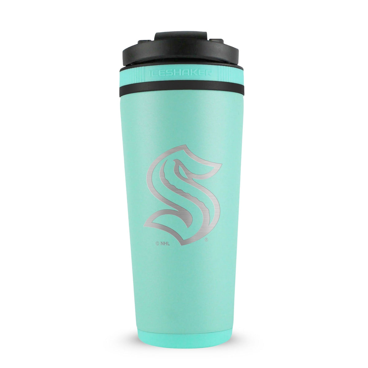 Mint 26oz Ice Shaker with the Seattle Kraken logo engraved on the back of it