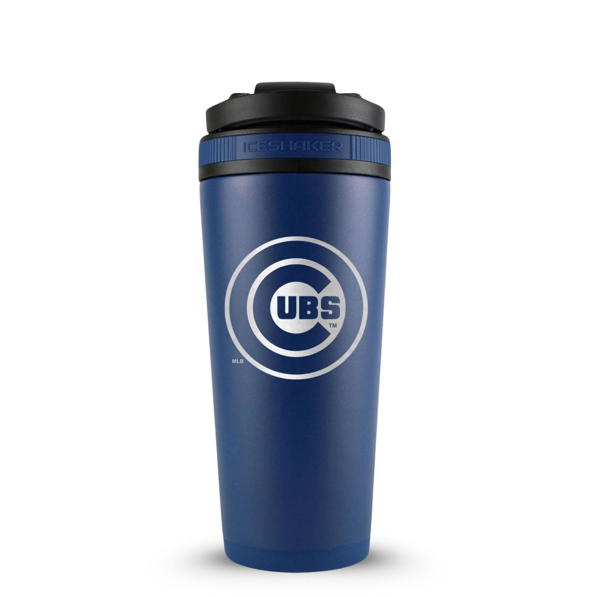 Navy 26oz Ice Shaker with the Chicago Cubs logo engraved on the back of it.