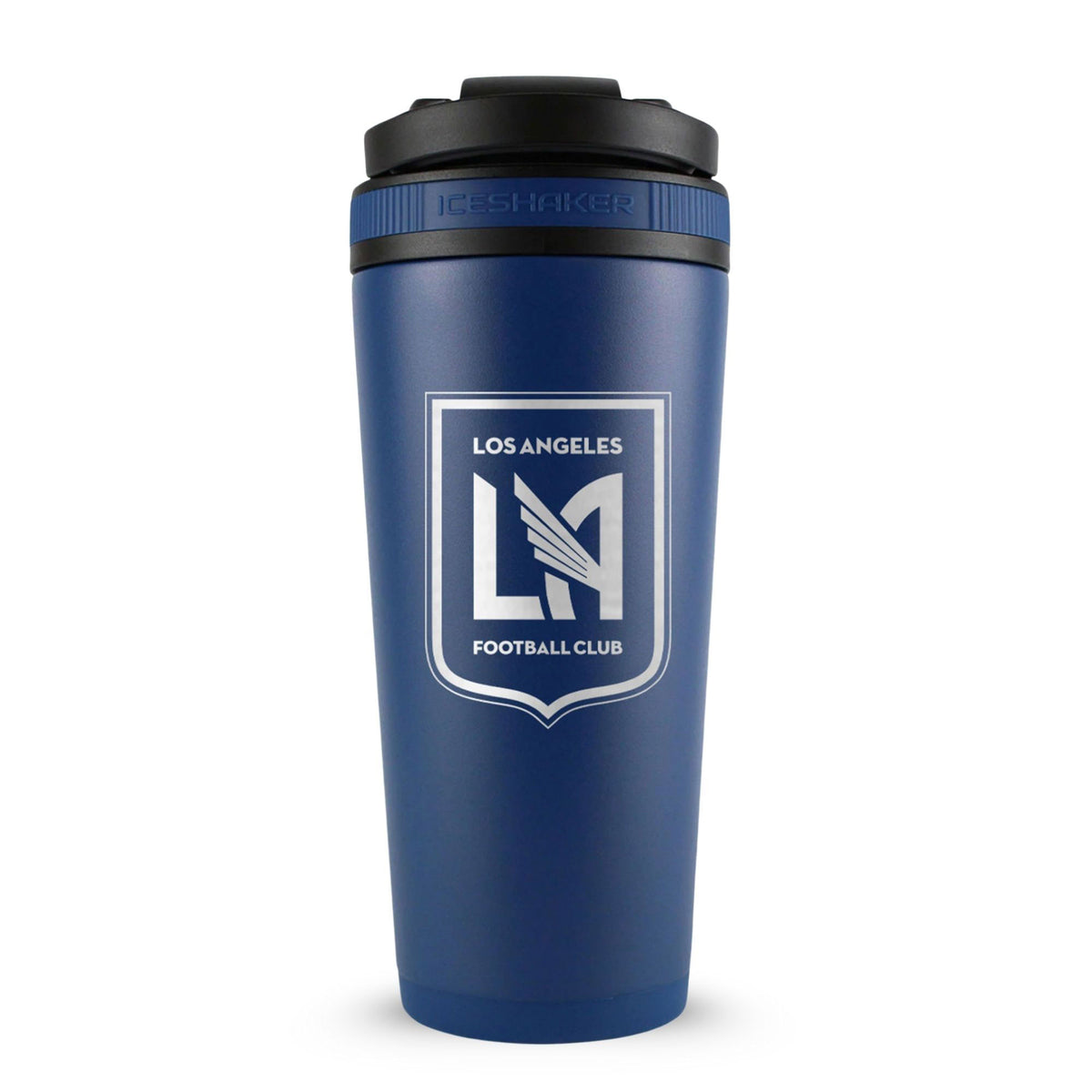 Navy 26oz Ice Shaker with the Los Angeles Football Club logo engraved on the back of it.