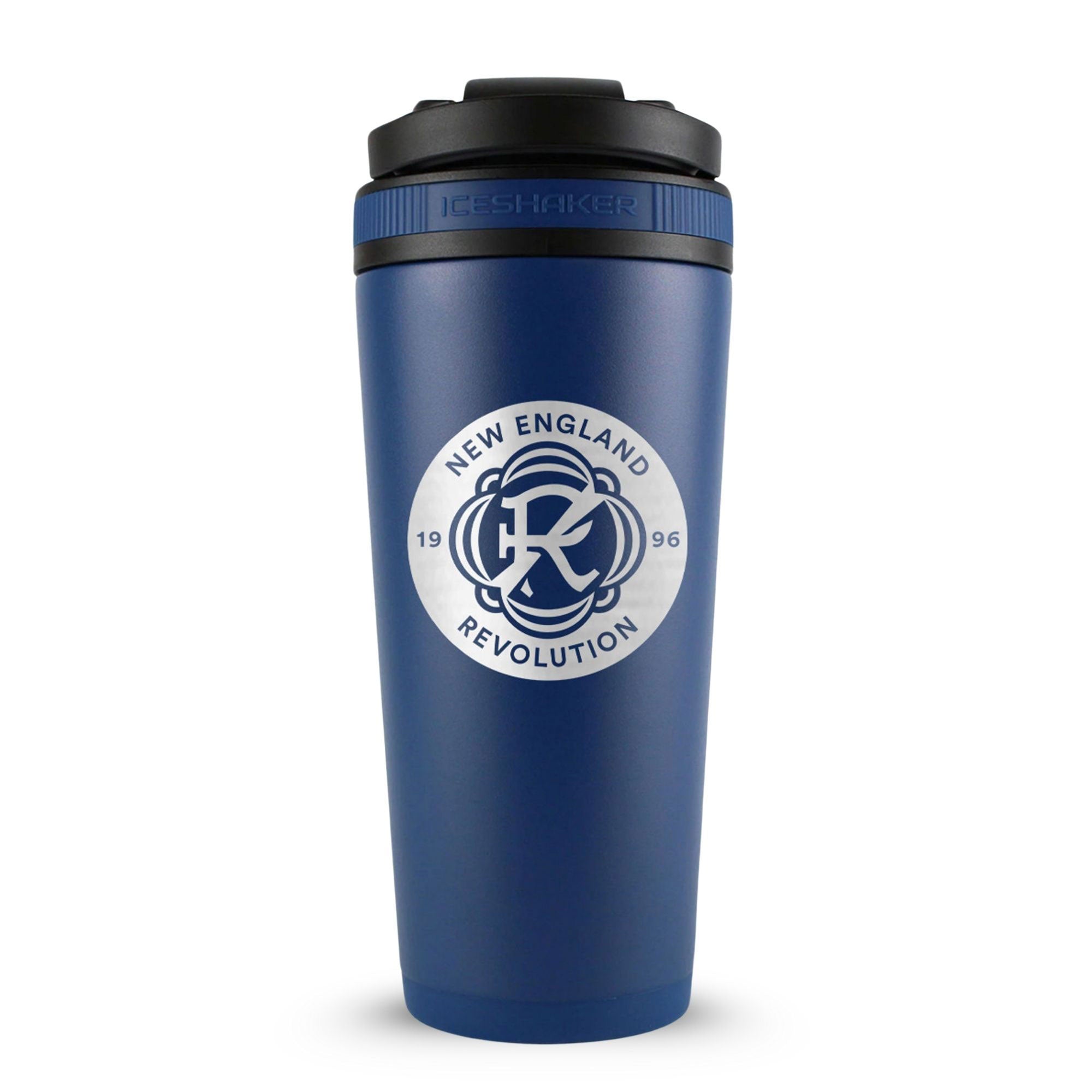 Navy 26oz Ice Shaker with the New England Revolution logo engraved on the back of it.