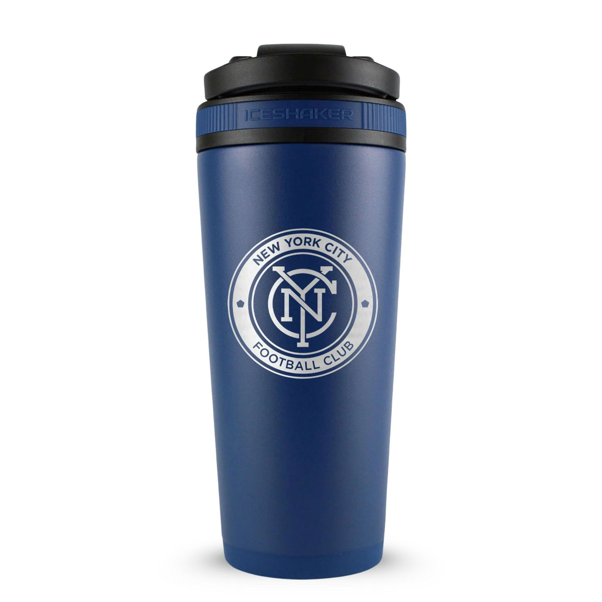 Navy 26oz Ice Shaker with the New York City Football Club logo engraved on the back of it.