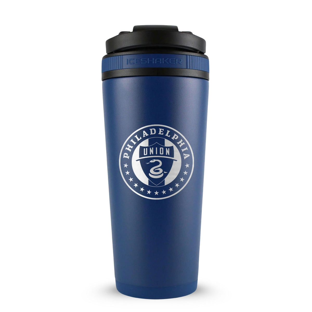 Navy 26oz Ice Shaker with the Philadelphia Union logo engraved on the back of it.