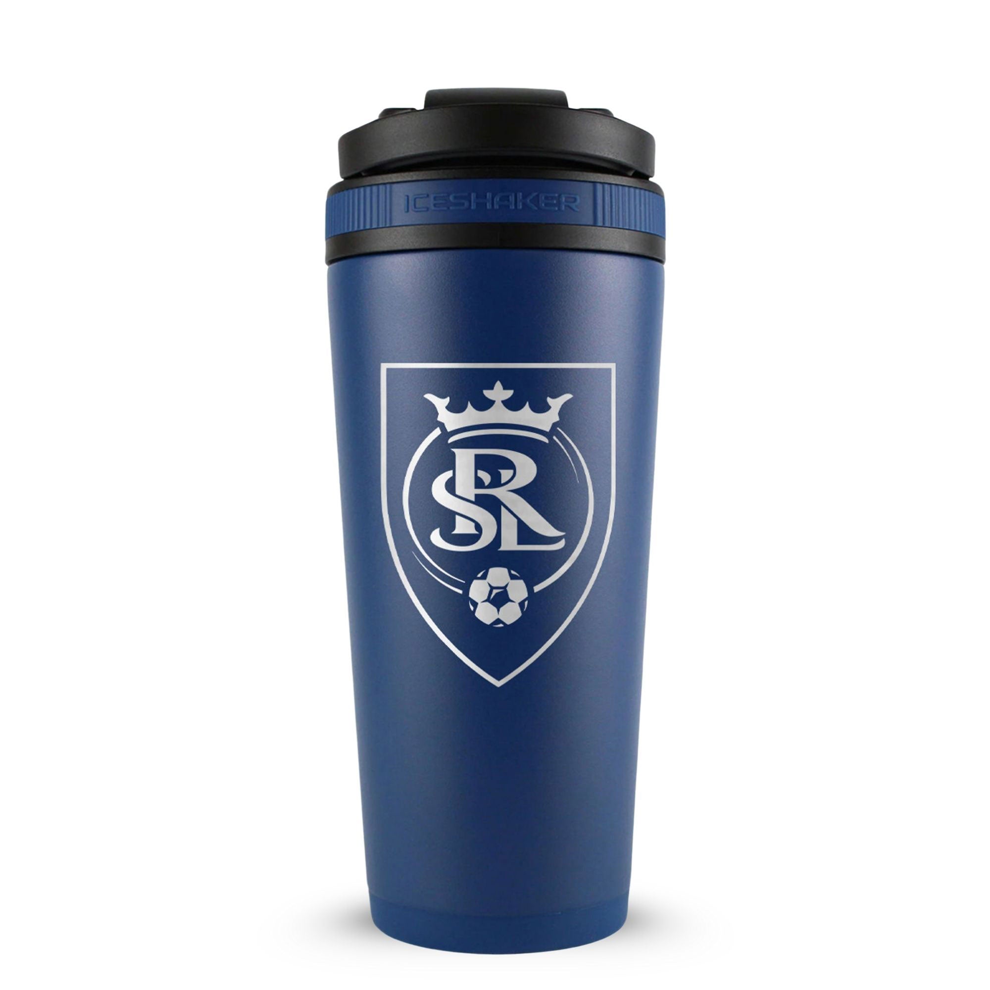 Navy 26oz Ice Shaker with the Real Salt Lake logo engraved on the back of it.