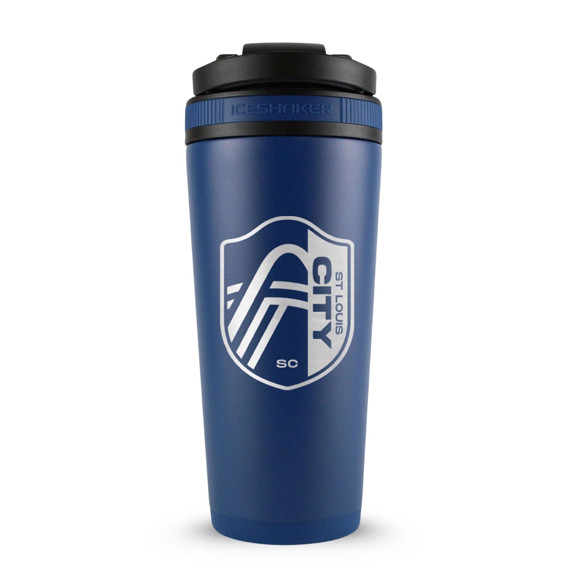 Navy 26oz Ice Shaker with the St. Louis City SC logo engraved on the back of it.