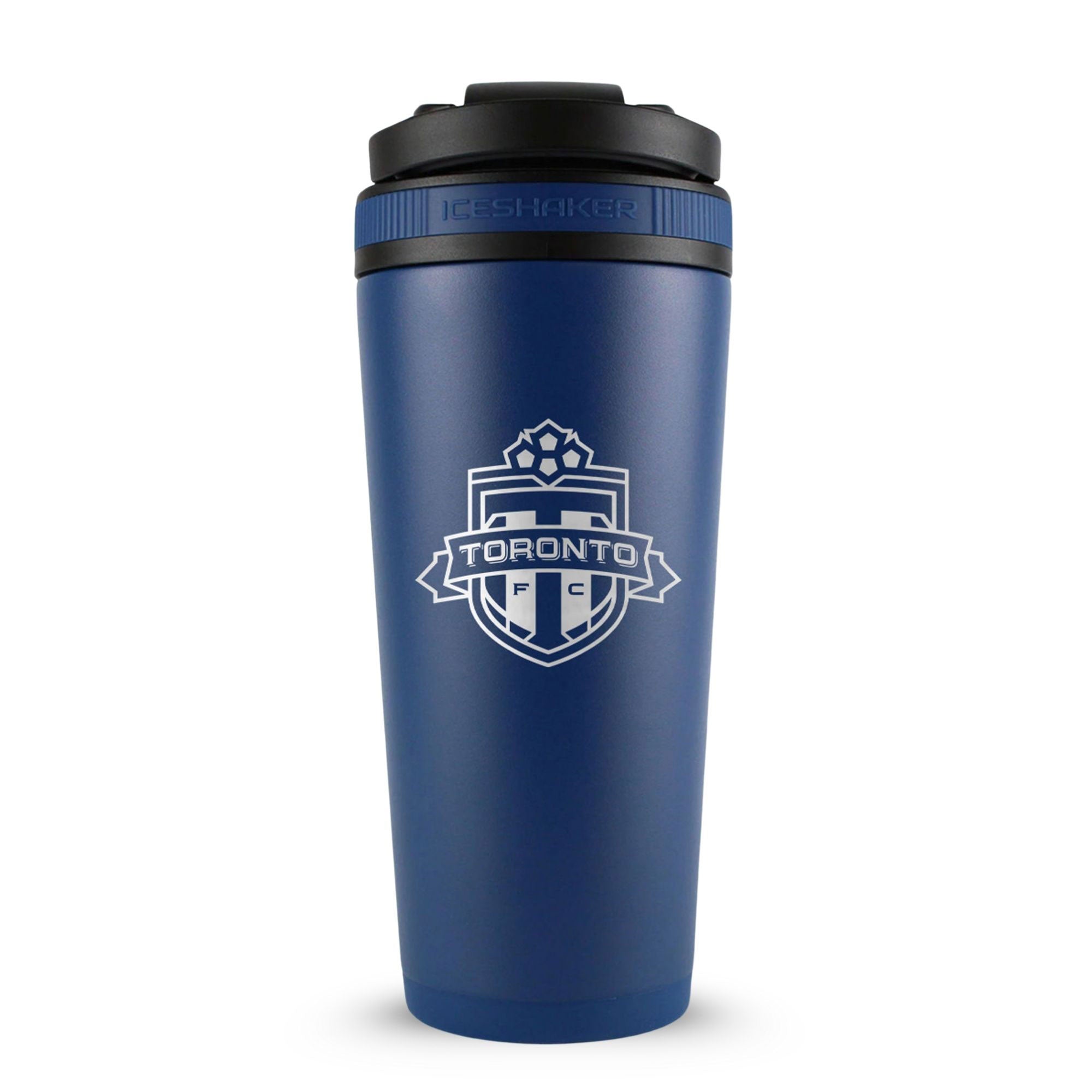 Navy 26oz Ice Shaker with the Toronto FC logo engraved on the back of it.