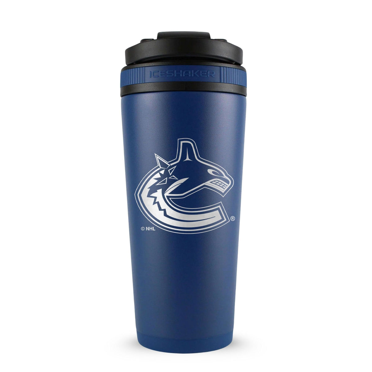 Navy 26oz Ice Shaker with the Vancouver Canucks logo engraved on the back of it.
