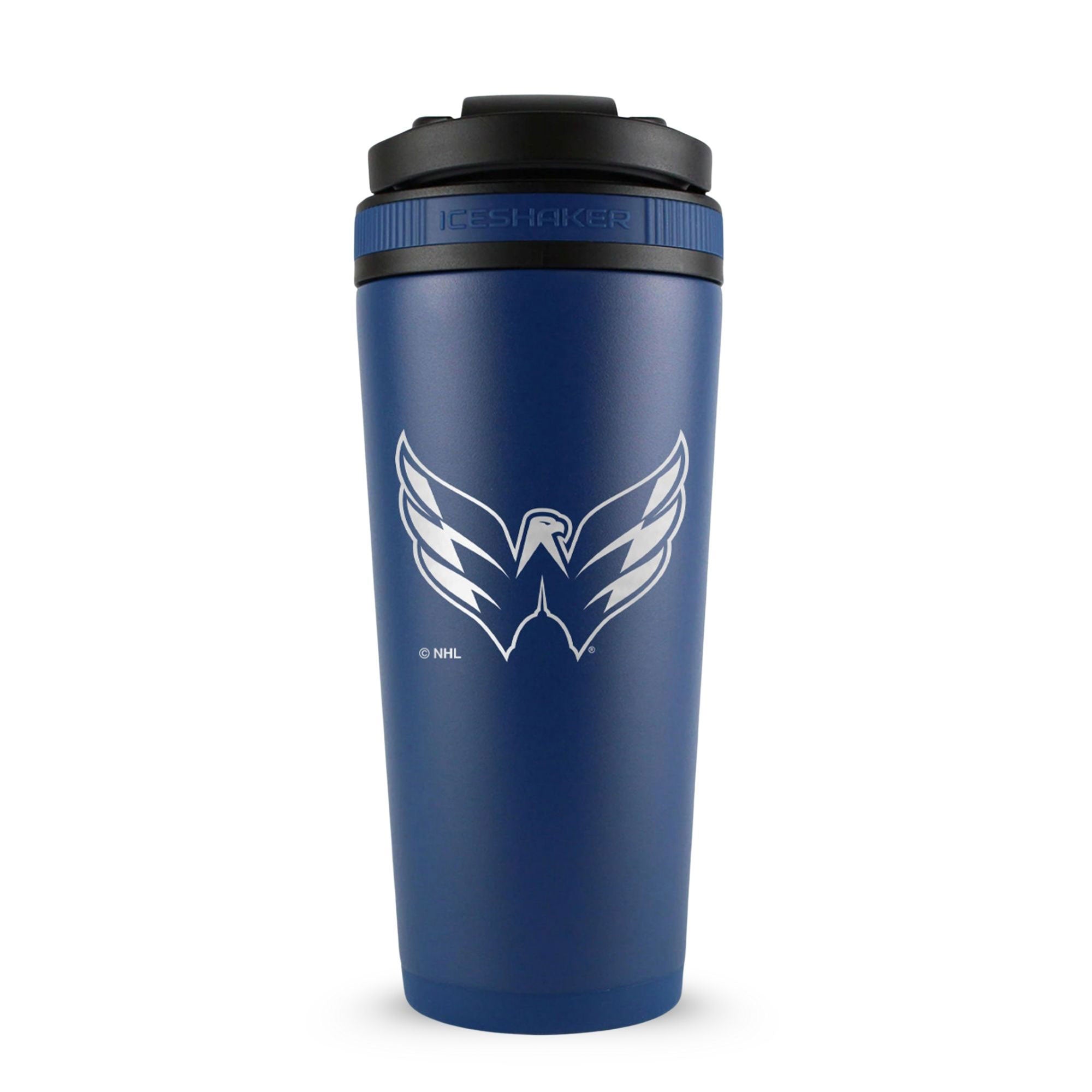 Navy 26oz Ice Shaker with the Washington Capitals logo engraved on the back of it.
