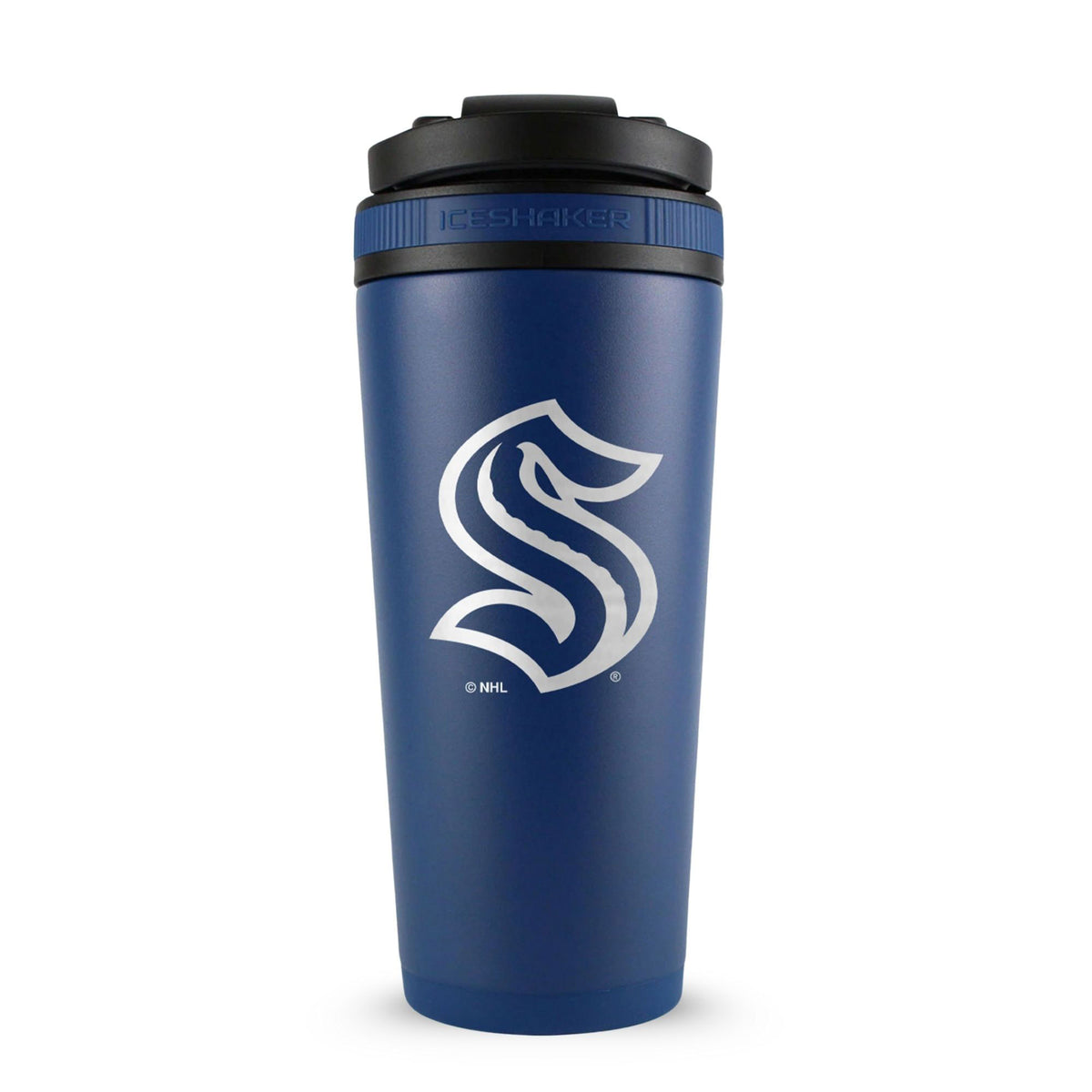 Navy 26oz Ice Shaker with the Seattle Kraken logo engraved on the back of it