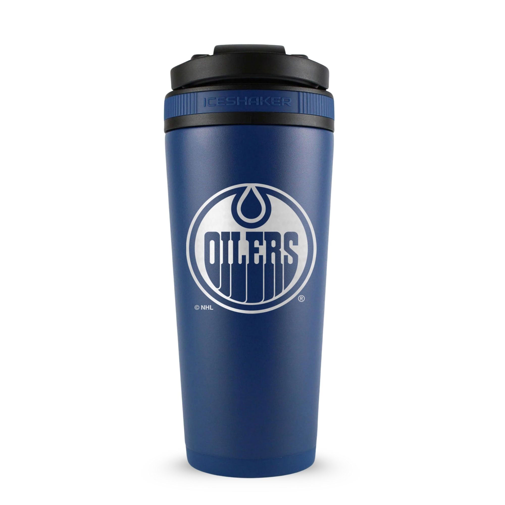 Navy 26oz Ice Shaker with the Edmonton Oilers logo engraved on the back of it.