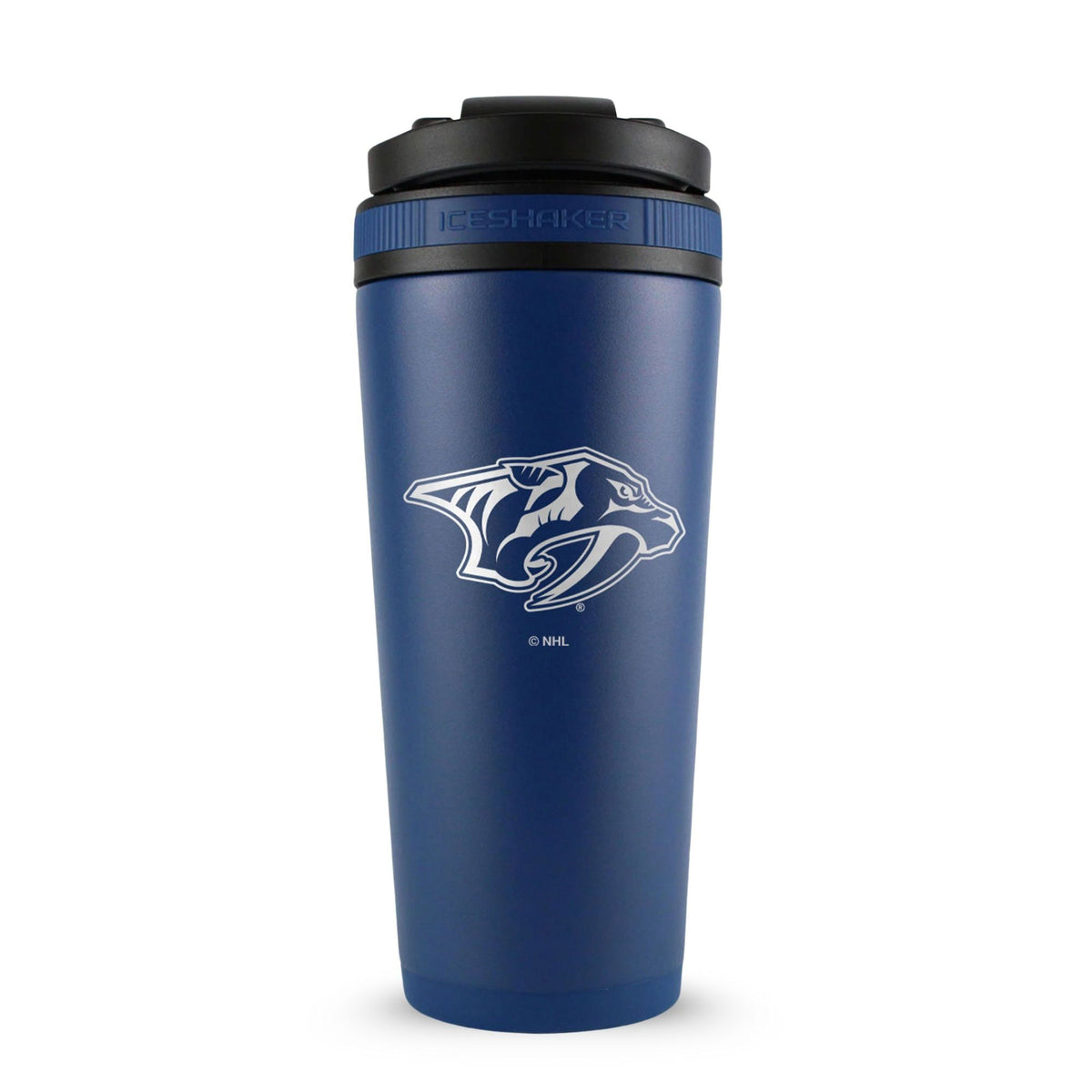 Navy 26oz Ice Shaker with the Nashville Predators logo engraved on the back of it.