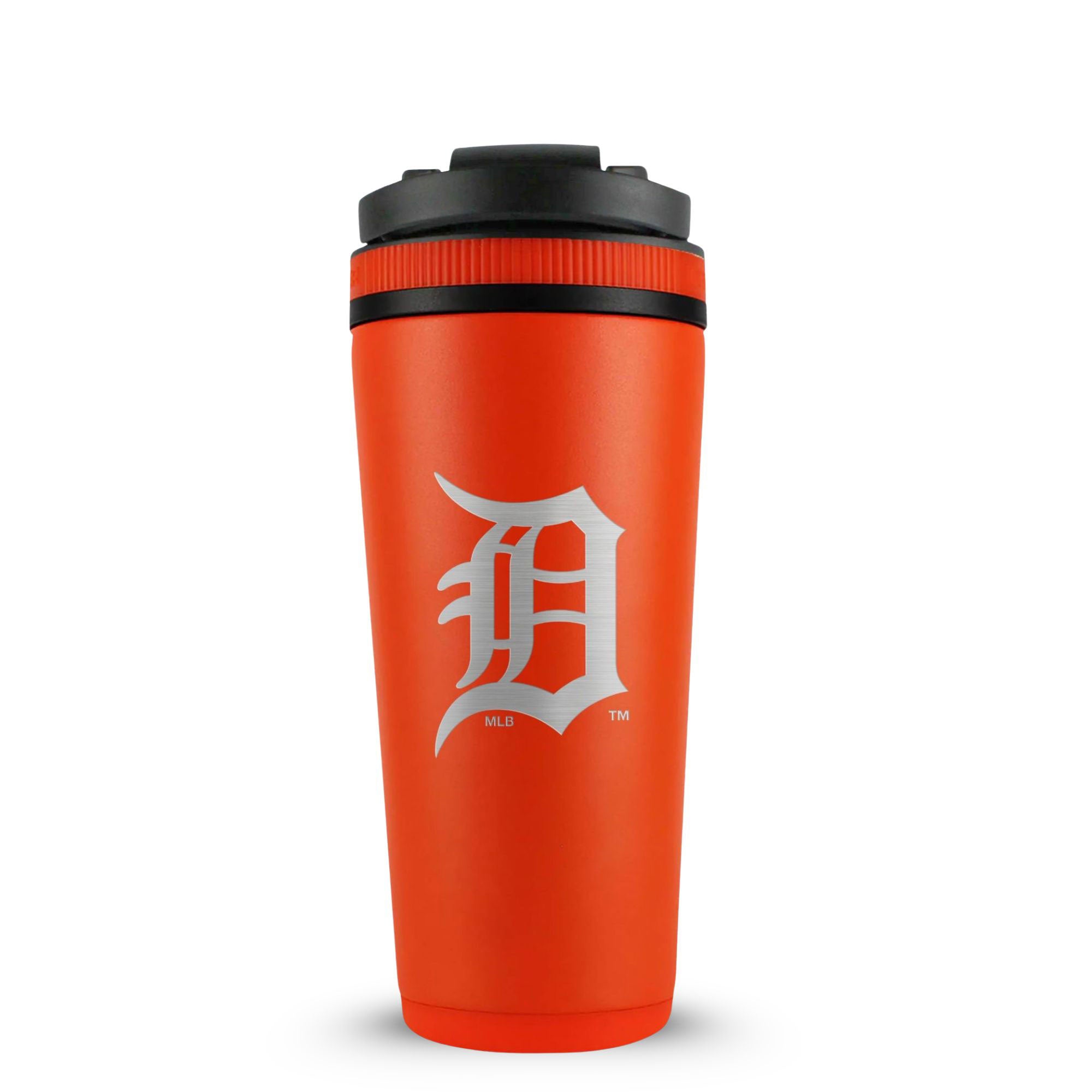 Orange 26oz Ice Shaker with the Detroit Tigers logo engraved on the back of it.