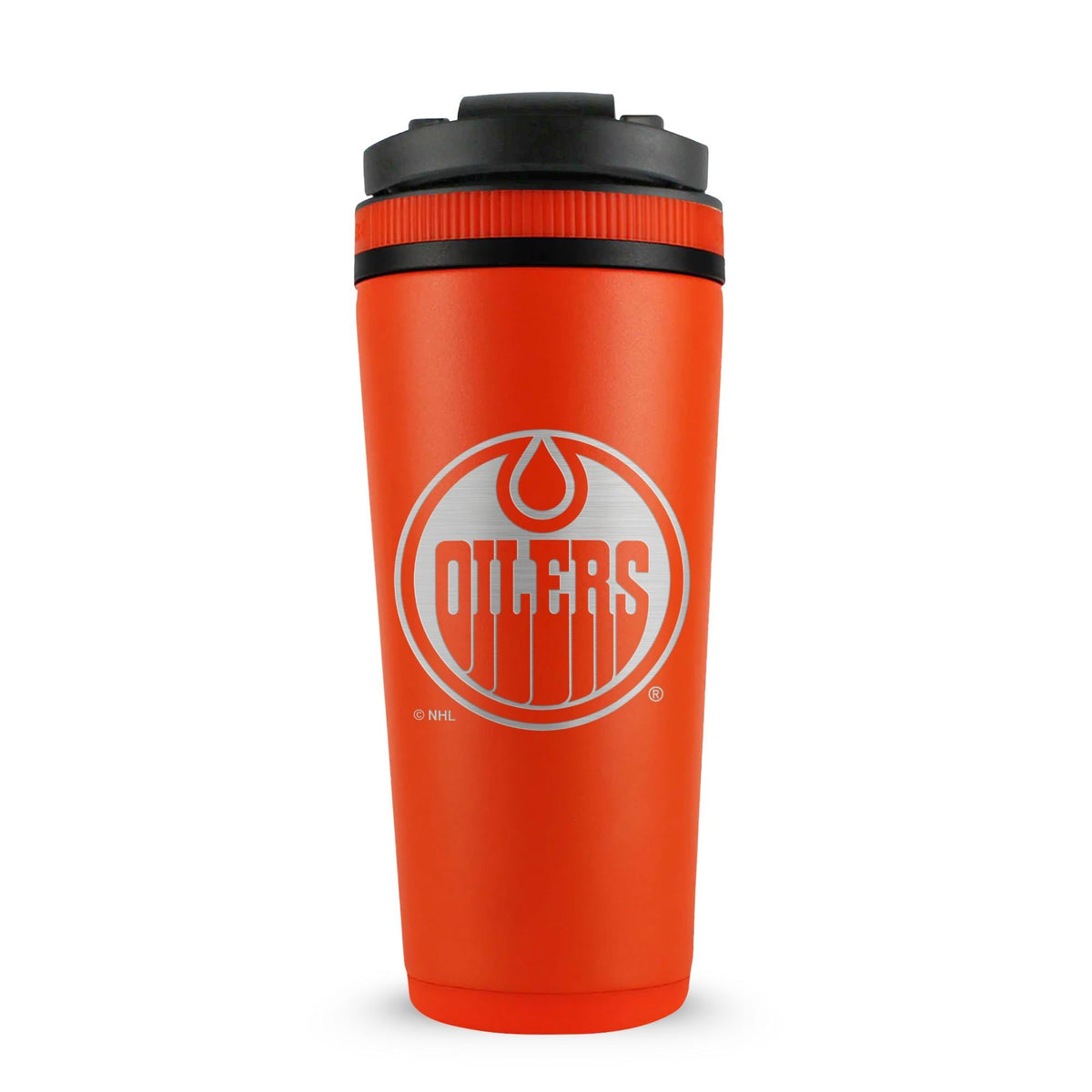 Orange 26oz Ice Shaker with the Edmonton Oilers logo engraved on the back of it.