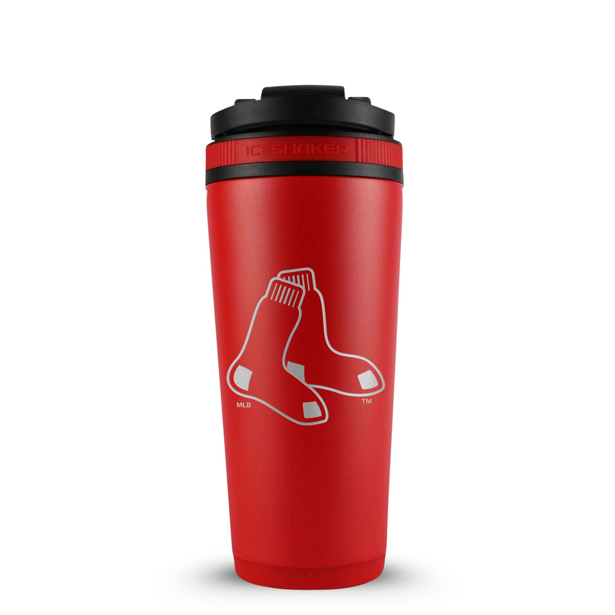 Red 26oz Ice Shaker with the Boston Red Sox logo engraved on the back of it.