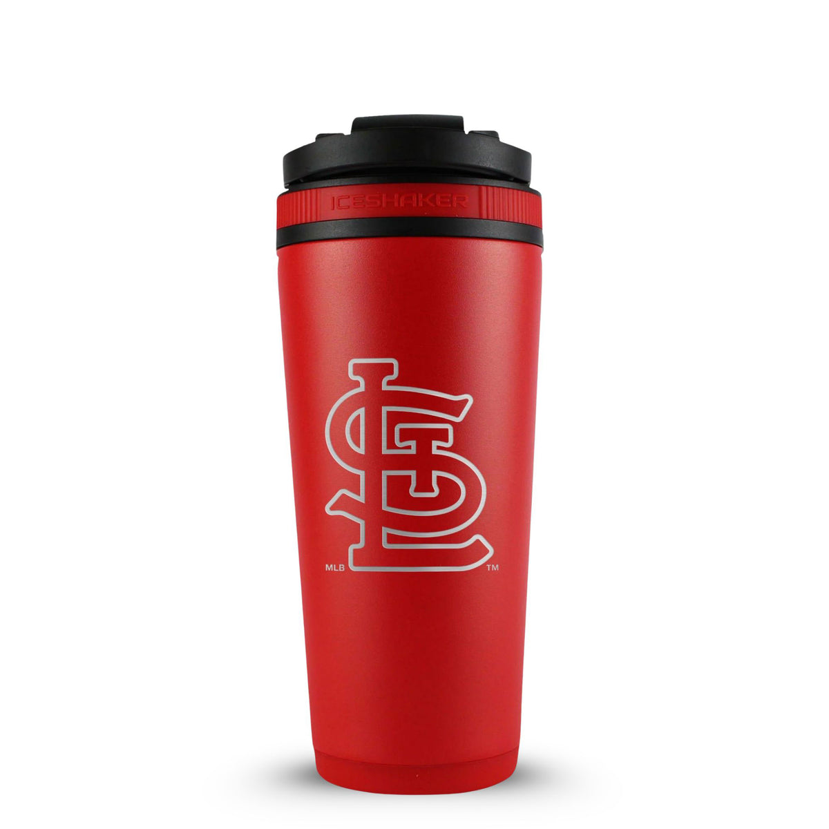 Red 26oz Ice Shaker with the St. Louis Cardinals logo engraved on the back of it.