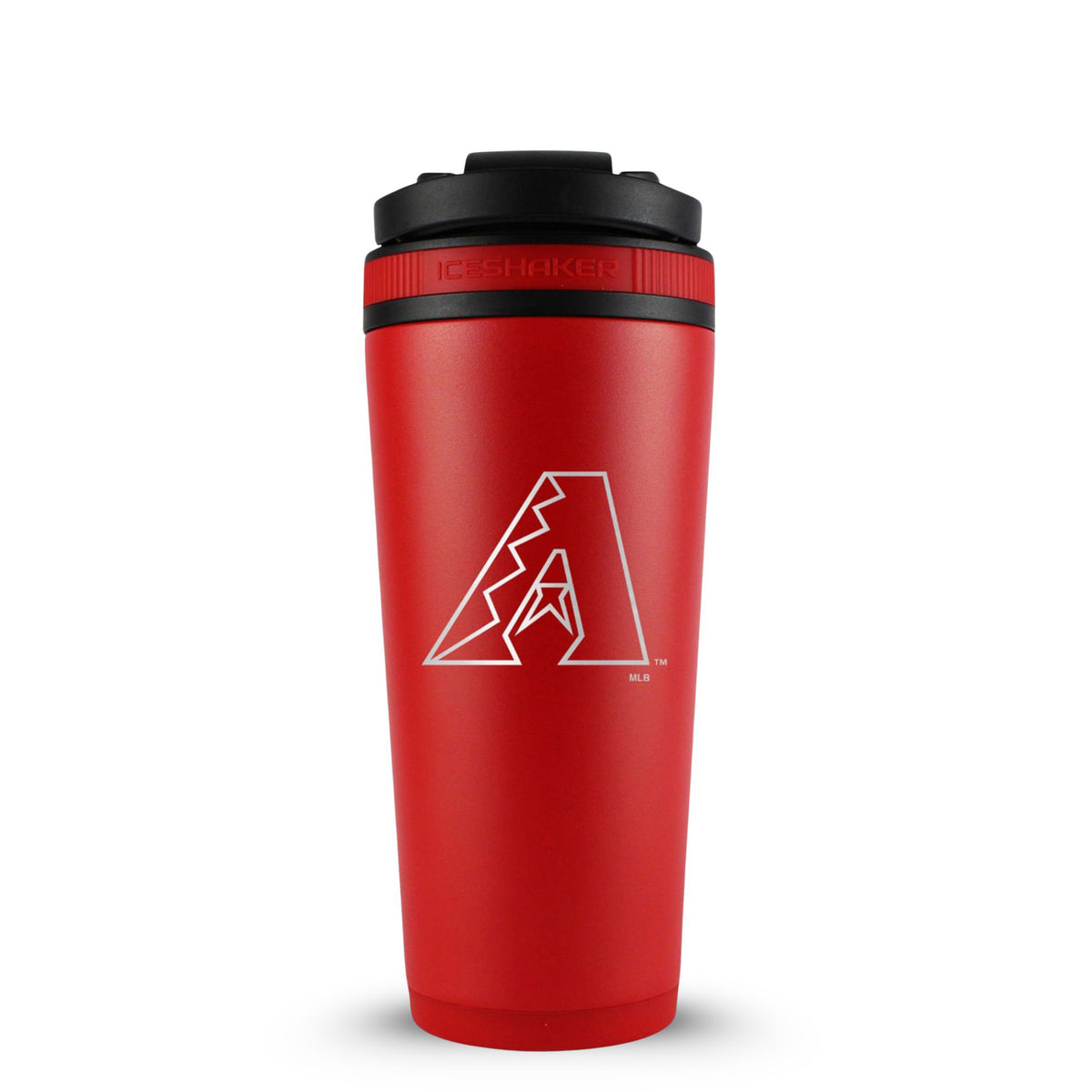 Red 26oz Ice Shaker with the Official MLB Arizona Diamondbacks logo engraved on the back of the bottle