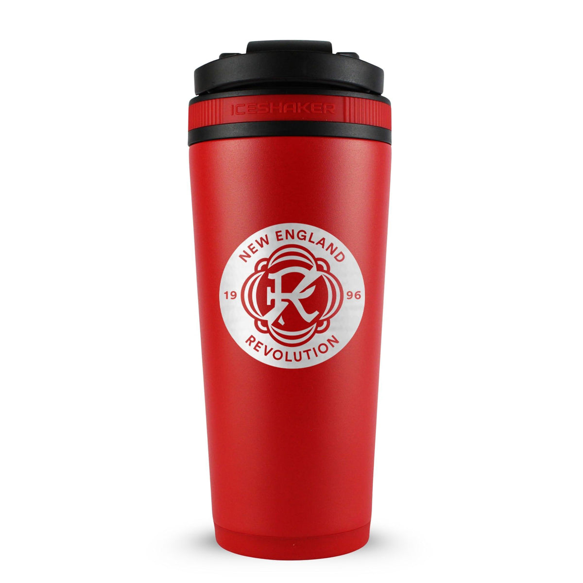 Navy 26oz Ice Shaker with the New England Revolution logo engraved on the back of it.